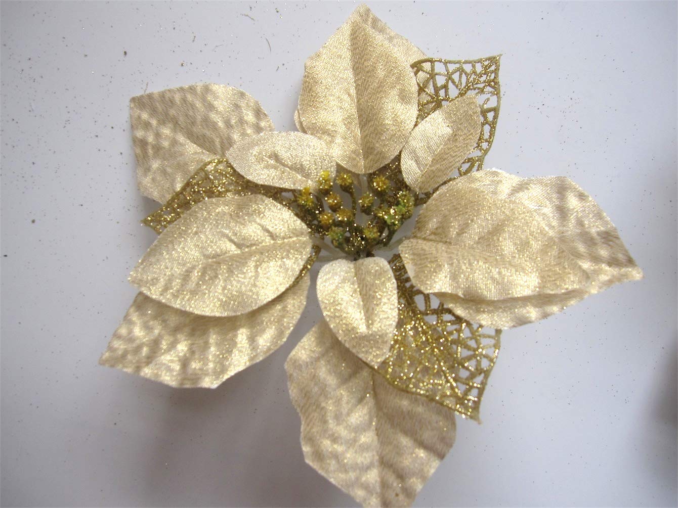 VPT 12pcs Artificial Christmas Flowers Gold Glitter Poinsettia Christmas Tree Ornaments Dia. 8.6 Inch