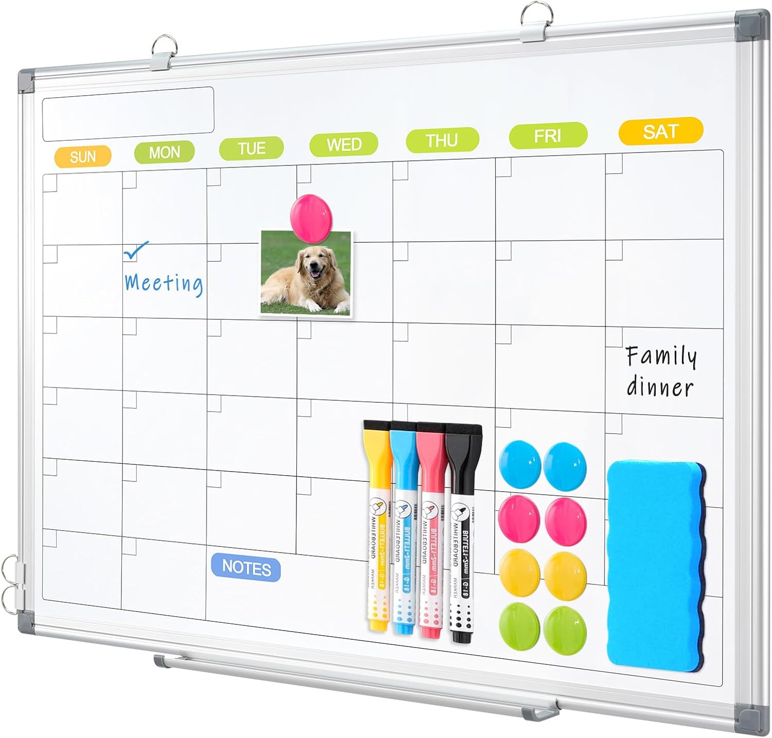 Dry Erase Calendar Whiteboard for Wall, WALGLASS 36" x 24" Magnetic White Board, Monthly Dry Erase Calendar with Silver Aluminum Frame, Double-Sided Hanging Portable Board for Office, Home, School