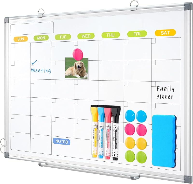 Dry Erase Calendar Whiteboard for Wall, 24" x 18" Monthly White Board | Double-Sided Magnetic, Silver Aluminum Frame, Hang Wall Mount, Portable Board for Home, Office, School