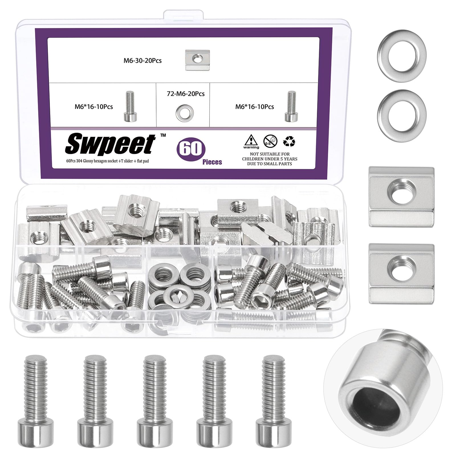 Swpeet 60Pcs M6 Stainless Steel T-Slot Nuts with Allen Screw Bolts and Flat Washers Assortment Kit, Series 3030 Slot Blocks Set, Type B T-Slot Nut, Sliding Nuts for Aluminum Profiles