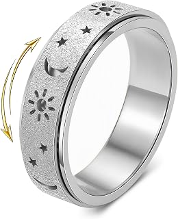 OreilleStar Fidget Spinner Ring Women Anxiety Relief Sun Moon Star Symbols | Fidget Spin Toys Adults Stress Thumb Spinner Ring Stainless Steel Birthday Gift for Men Silver Gold Plated Rainbow Size 6-10
