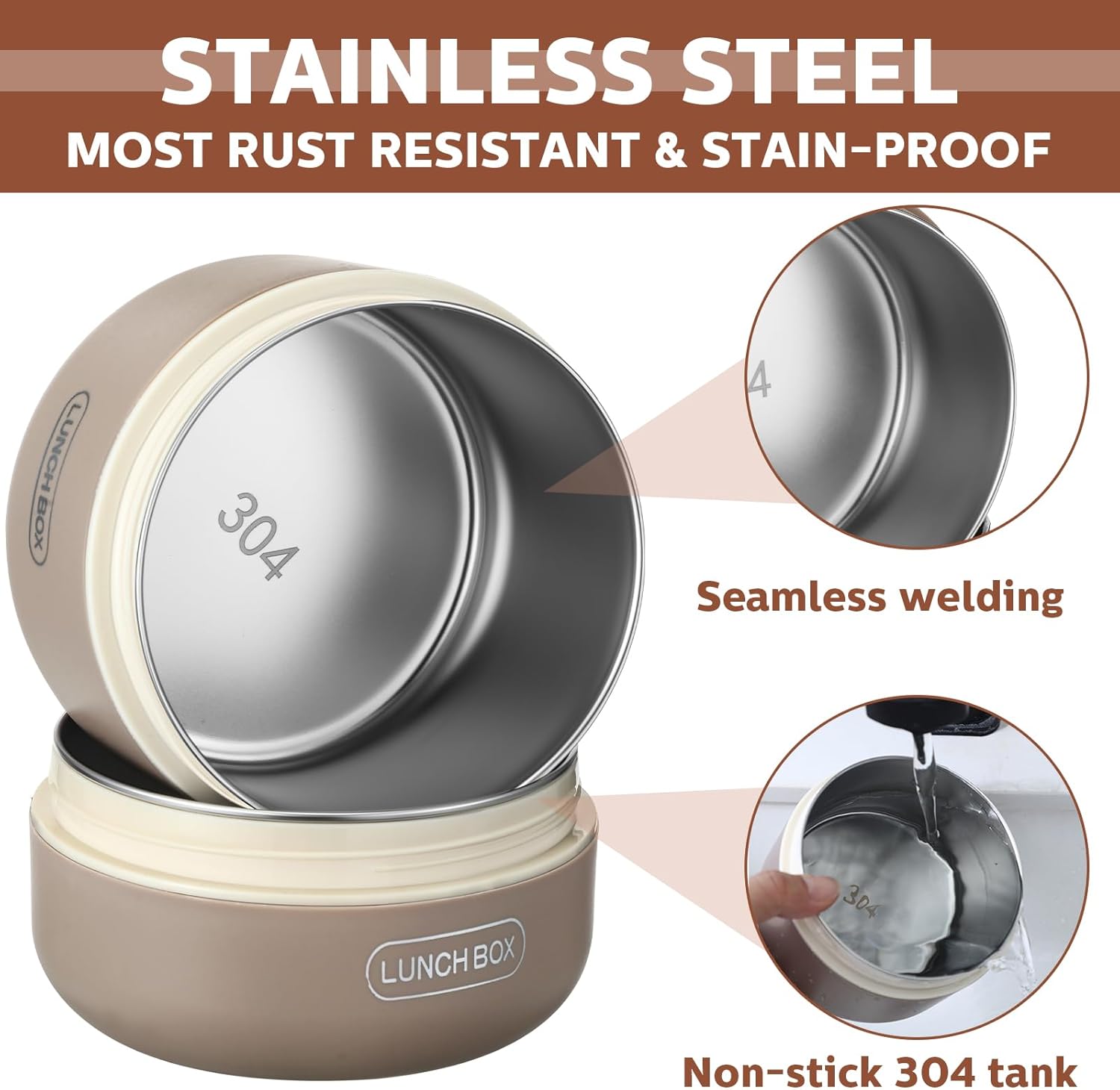 Dandat 4 Pcs Insulated Bento Box Portable Stainless Steel Food Container Round Stackable Leakproof Thermal Food Container for Adult Men Women with Insulated Bag, 74 oz(Khaki)