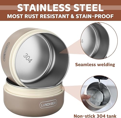 Miniatura 4 de Dandat 4 cajas Bento aisladas, contenedor portátil de acero inoxidable para alimentos, redondo, apto para microondas, apilable, a prueba de fugas,