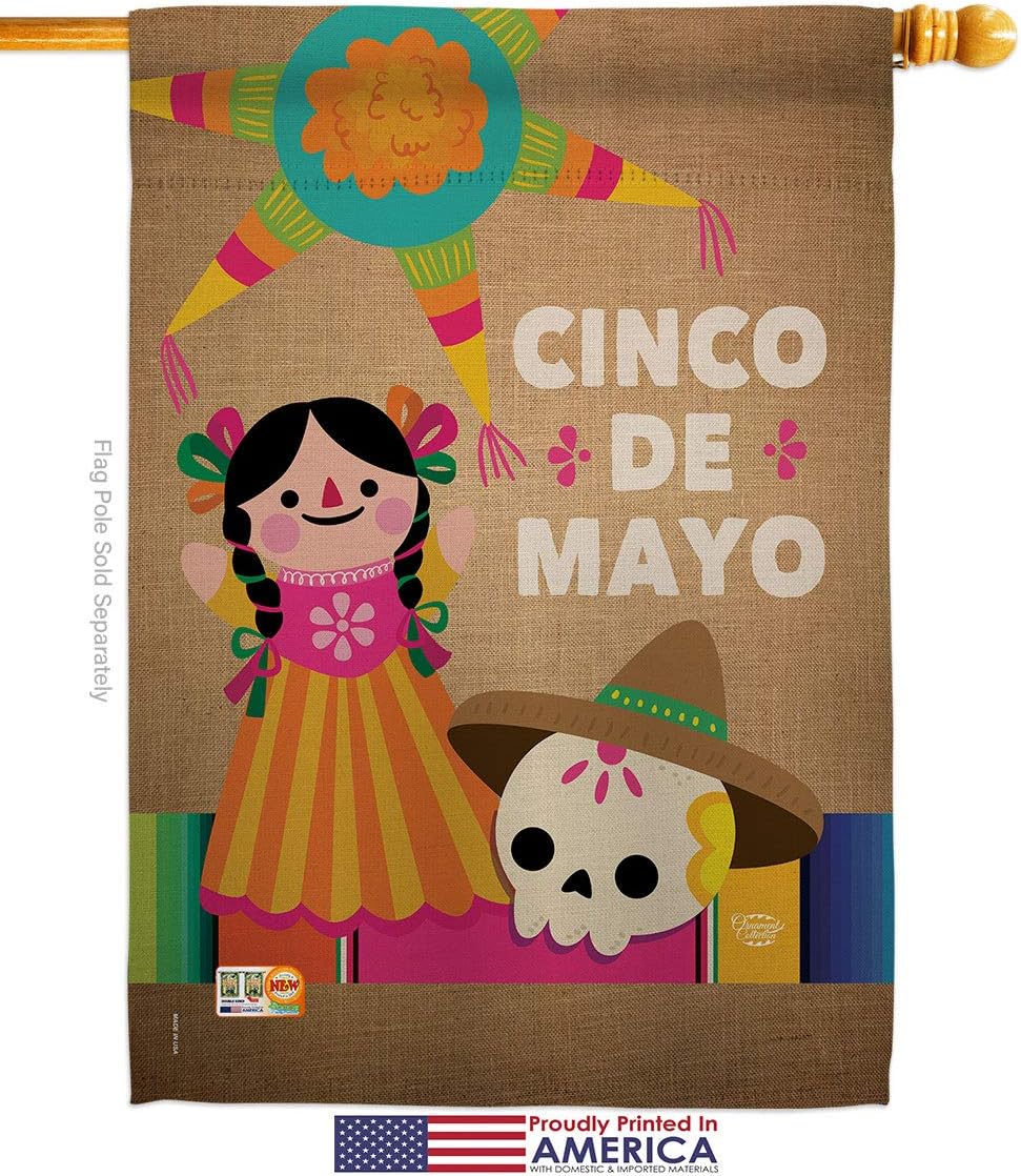 Cinco de Mayo Day House Flag Dowel Set Summertime Party Cactus Pinata Sombrero Mexican Fiesta Outdoor Small Decorative Gift Yard Banner Made In USA 28 X 40