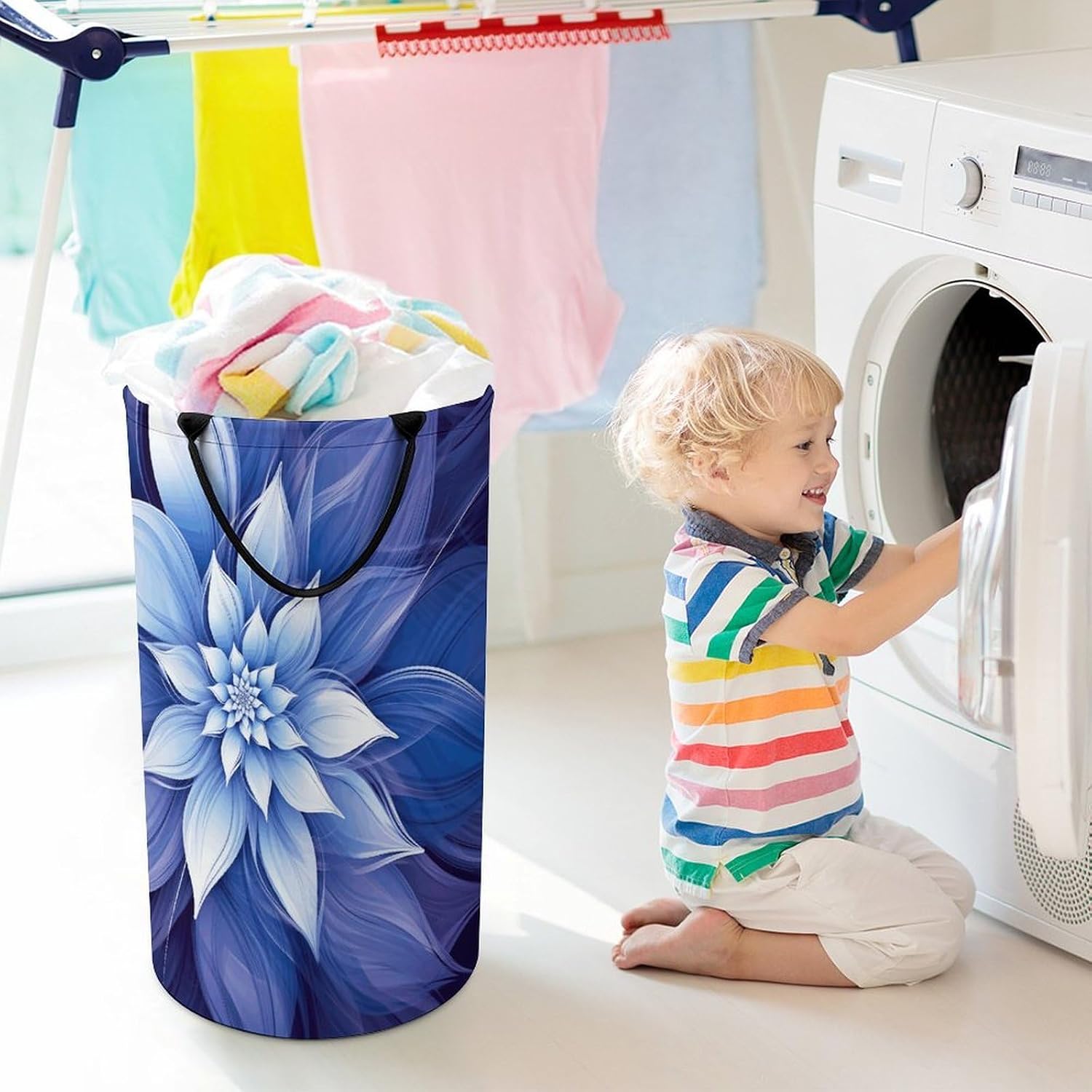 Large Laundry Hamper with Handles Blue Abstract Flowers Laundry Basket Freestanding Waterproof Clothes Hamper for Living Room Bedroom Bathroom College Dorm