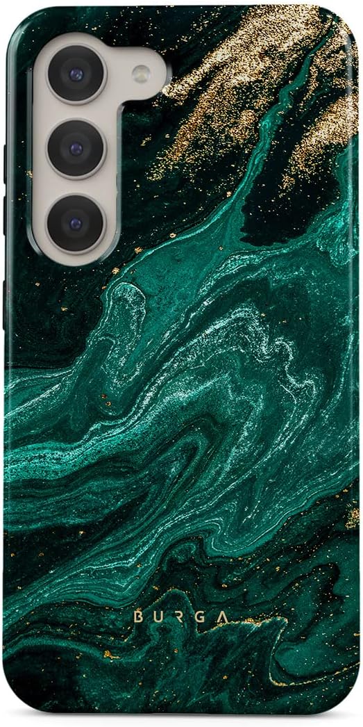 BURGA Phone Case Compatible with Samsung Galaxy S23 - Hybrid 2-Layer Hard Shell + Silicone Protective Case -Emerald Green Jade Stone Luxury Gold Glitter Marble - Scratch-Resistant Shockproof Cover