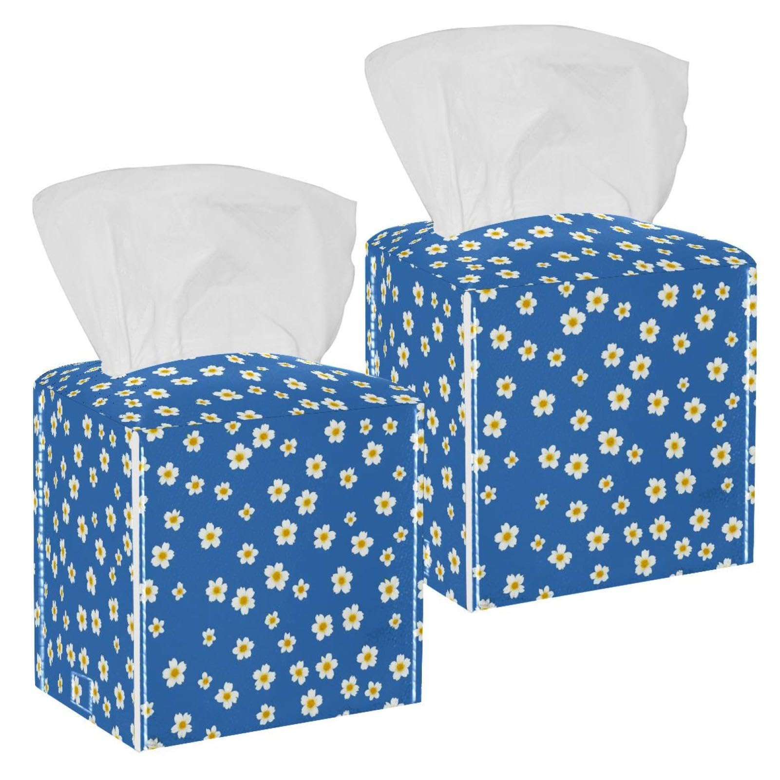 Aesthetic Flowers Tissue Box Cover, 2 Pack PU Leather Square Facial Tissue Dispenser Box holder for Home Office Car