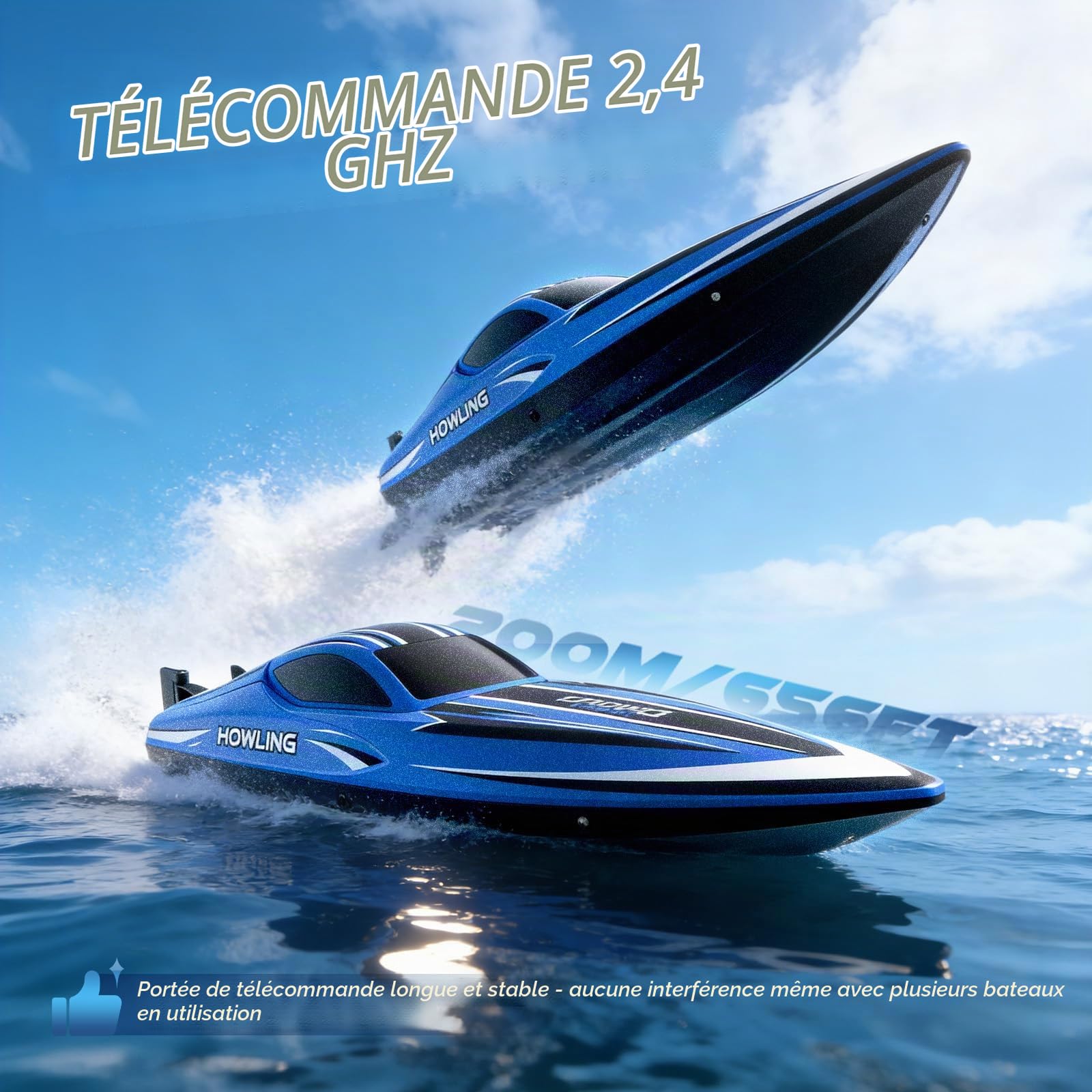 Bateau télécommandé avec éclairage LED, bateau RC de 42 cm, 35 km/h, autonome, 2 batteries, télécommande 2,4 GHz, étanche et résistant aux coups, pour enfants et adultes, piscine, lac (bleu)