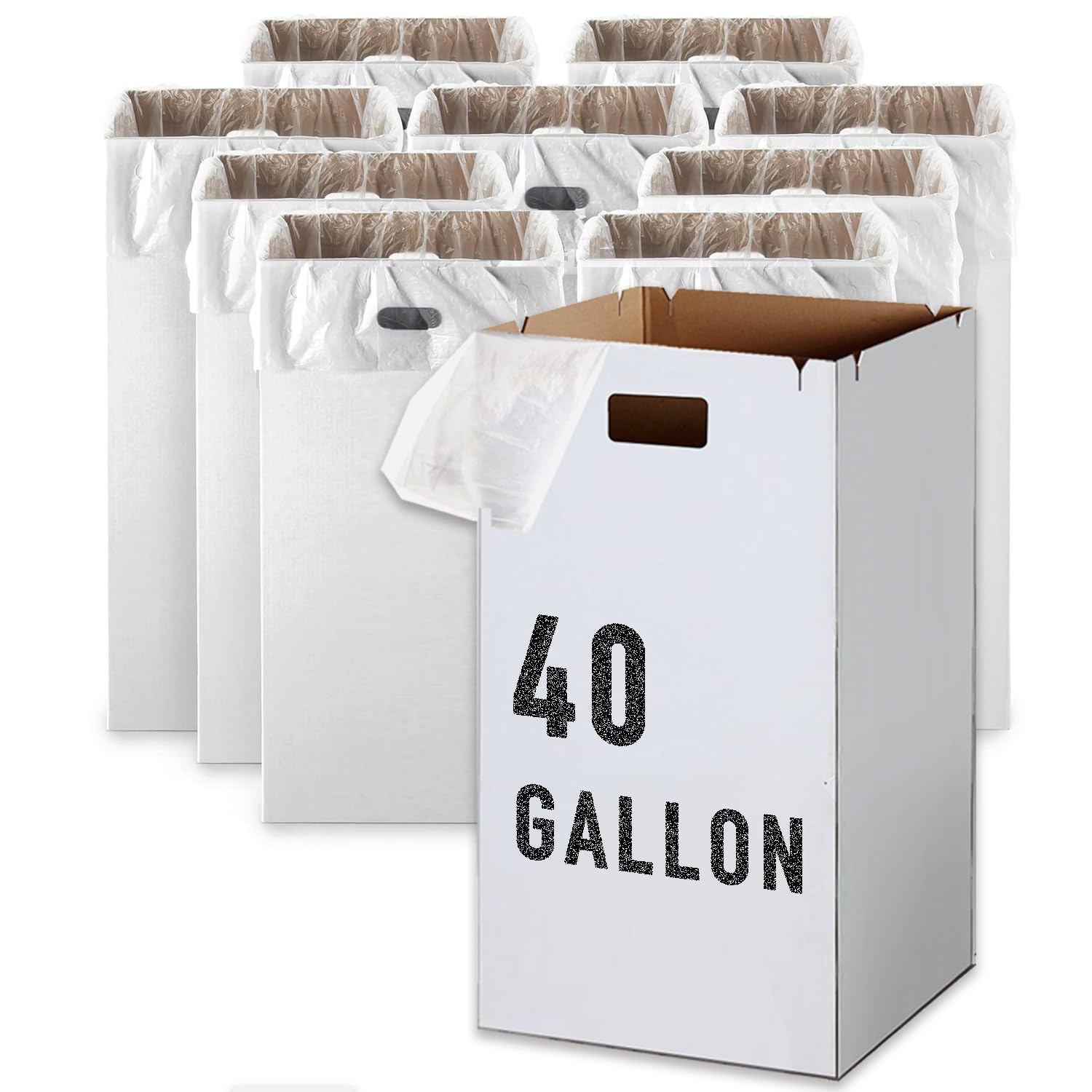 40 Gallons Heavy-Duty Trash Boxes Disposable and Reusable Corrugated Cardboard Trash Cans- Bundle of 10 Pack (White) + 20 Trash Bags