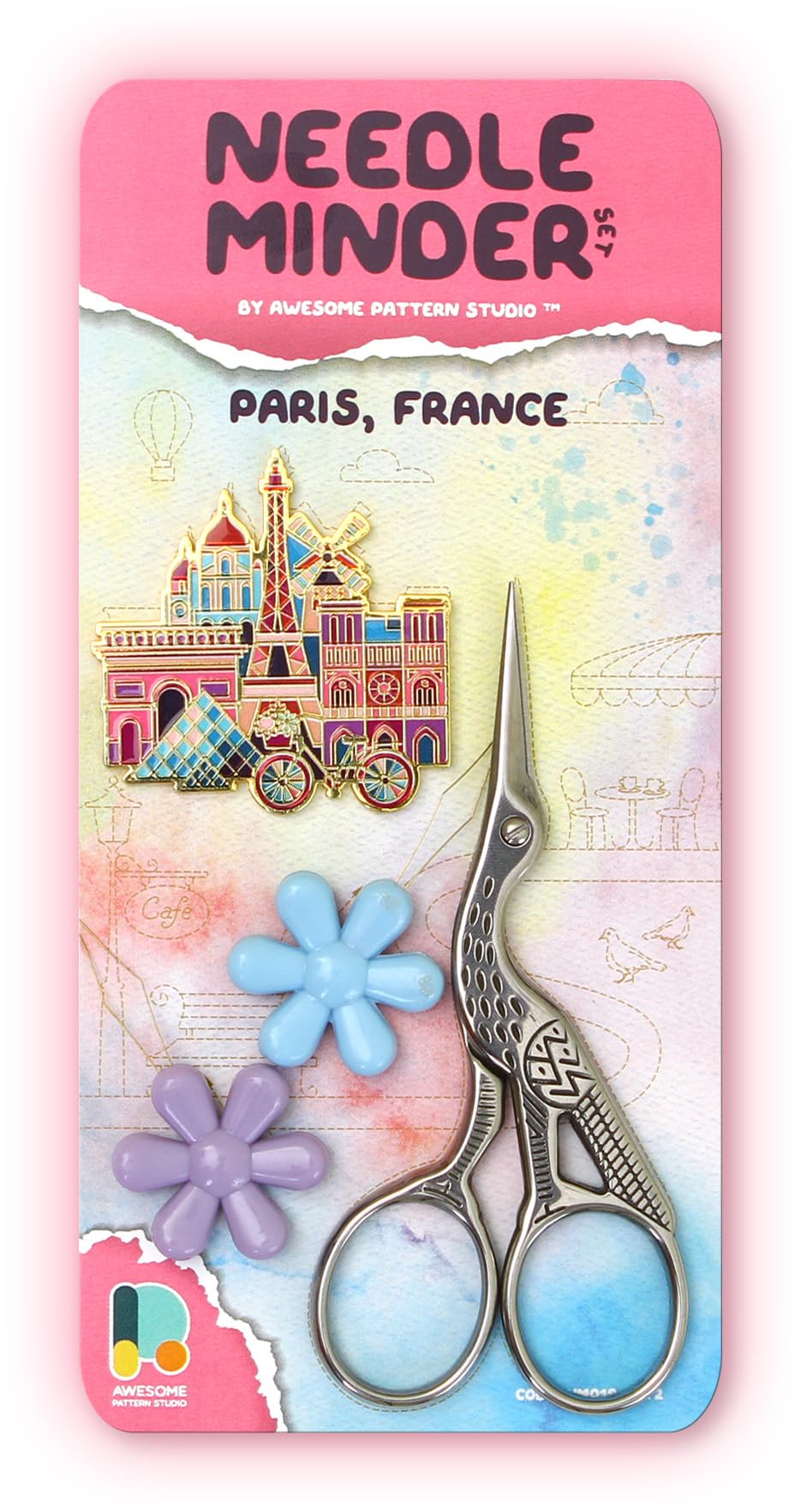 Awesome Pattern Studio Needle Minder Set – Paris Magnetic Needle Minder + 2 Needle Threaders + Crane Scissors. Enamel Pin for Cross Stitch, Embroidery and Craft