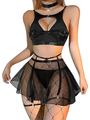 Lilosy Sexy Stocking Chocker Strappy Underwire O Ring Push Up Garter Belt Women Skirt 5 Piece - X-Large - Black 2#