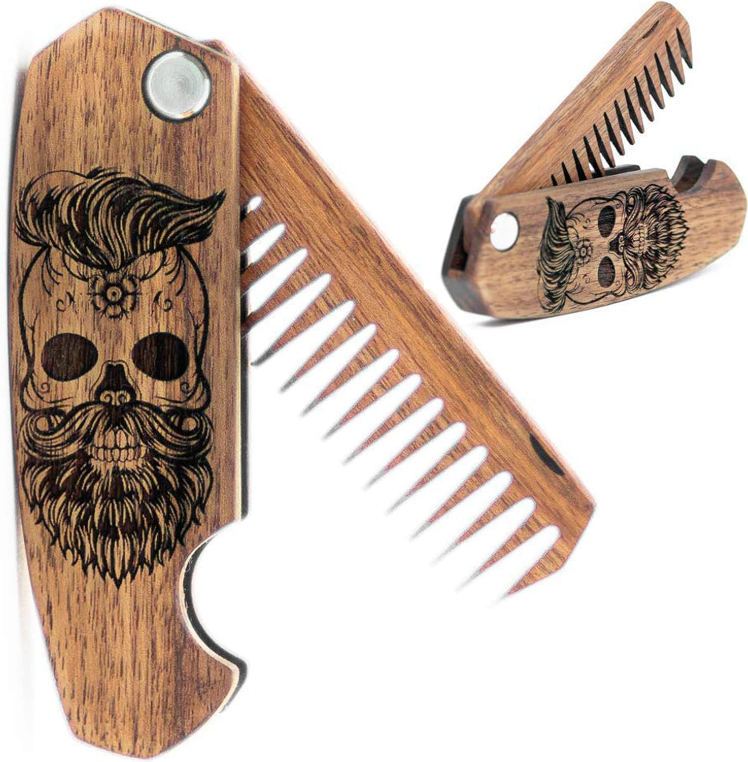 Beard Comb Gifts for Him Wooden Comb for Men Folding Pocket for Moustache Hair Walnut Combs Husband with the Engraving (Skull)