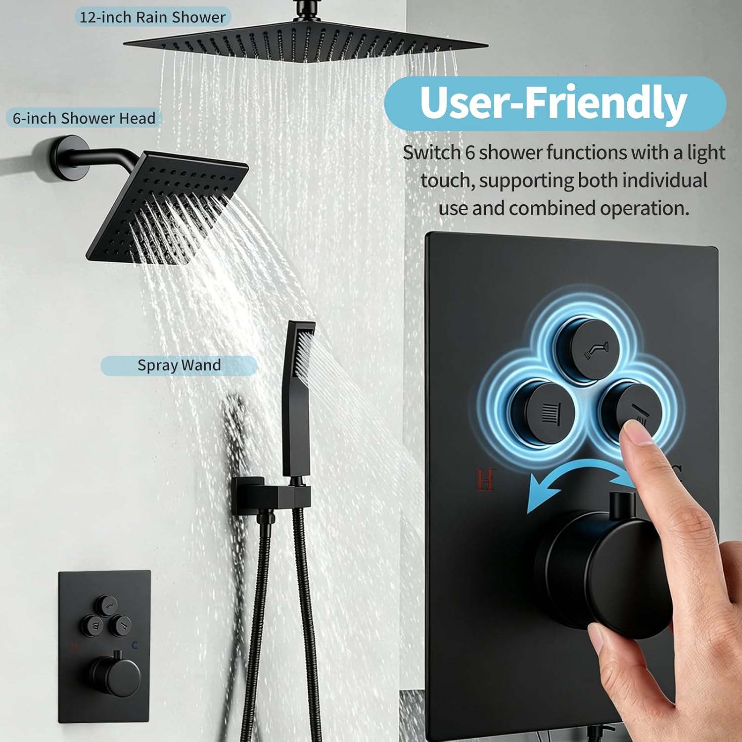 Thermostatic Shower Faucet System Set Matte Black,RomceBath Dual Ceiling 12+ 6"Wall Mount Rain Shower Head with Can Use All at Once Push Button 3-Way Modes Valve & Trim Kit & Handheld Sprayer Complete