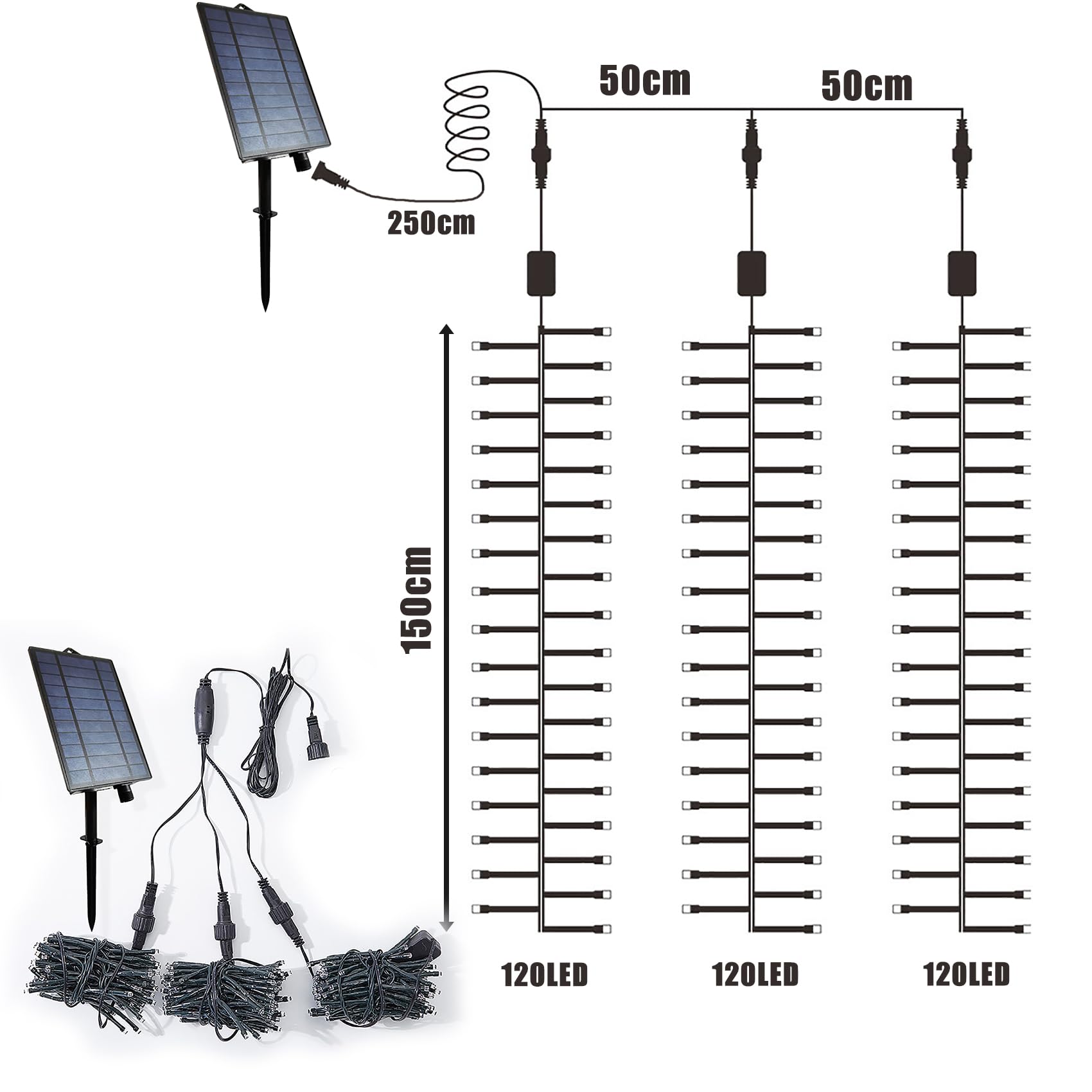 Solar LED Cluster Lichterkette 1.5M 360 LED Lichterkette Außen 3 Stränge Büschellichterkette Wasserdichte Meteorschauer Lichterkette für Weihnachtsbaum Party Garten (Warmes Weiß)