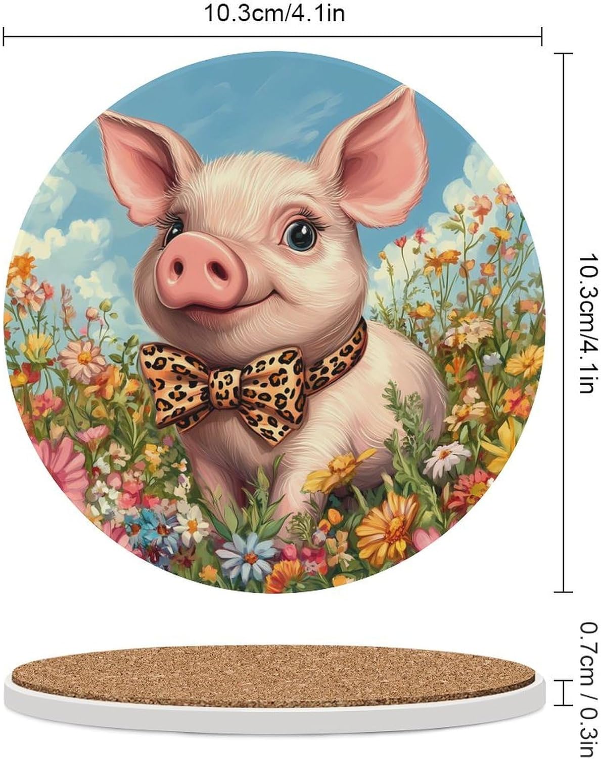 Cute Pigs Coasters for Drink Round Ceramic Coaster with Cork Base Home Decorative 6PCS