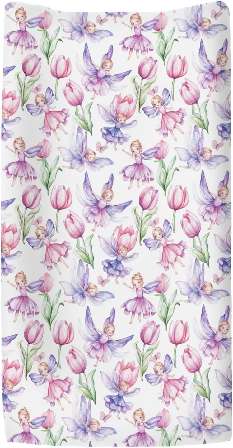 Cute Fairies Flower Meadow Changing Pad Covers for Baby Girl Boy Fantasy Garden Fitted Changing Table Mats Whimsical Girly Soft Diaper Change Table Cover Sheets for 32''×16'' Contoured Pad