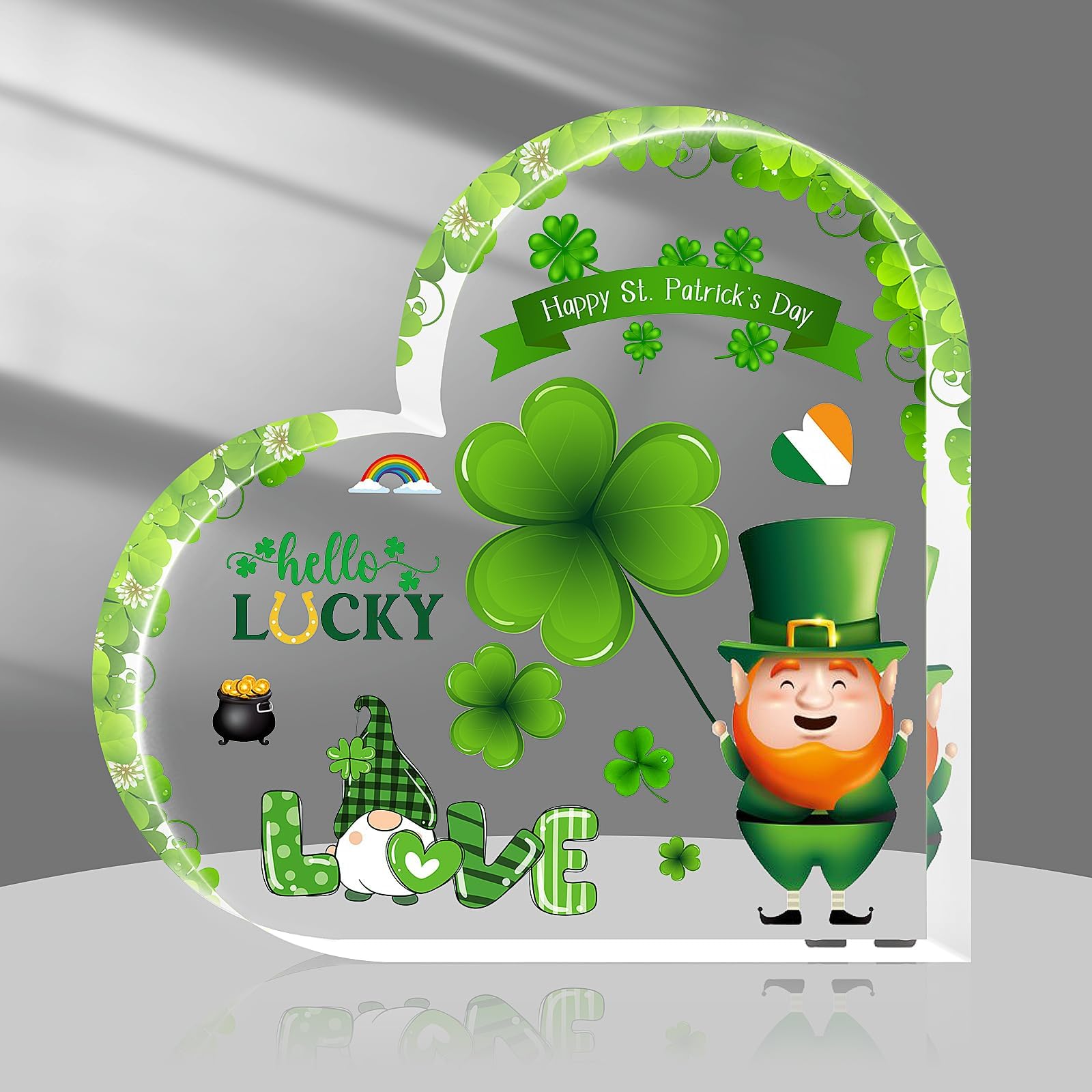 St Patricks Day Gifts & St Patricks Day Decor for Table, Office Desk, Shelf, Mantle - Acrylic Heart Shamrocks Decorations for Home