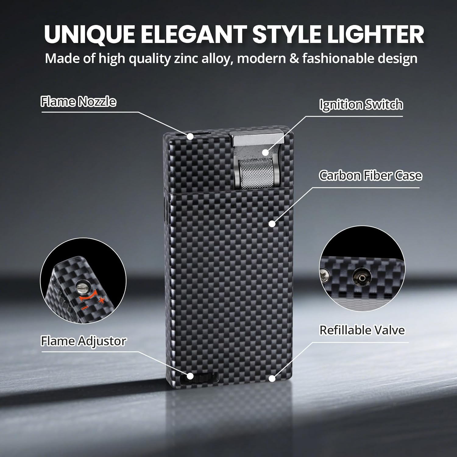 Flat Flame Torch Lighter, Slim Butane Torch Lighter, Refillable Fancy Butane Lighters, Windproof Adjustable Pocket Lighters with Visible Window, Novelty Gifts for Men Women, No Gas