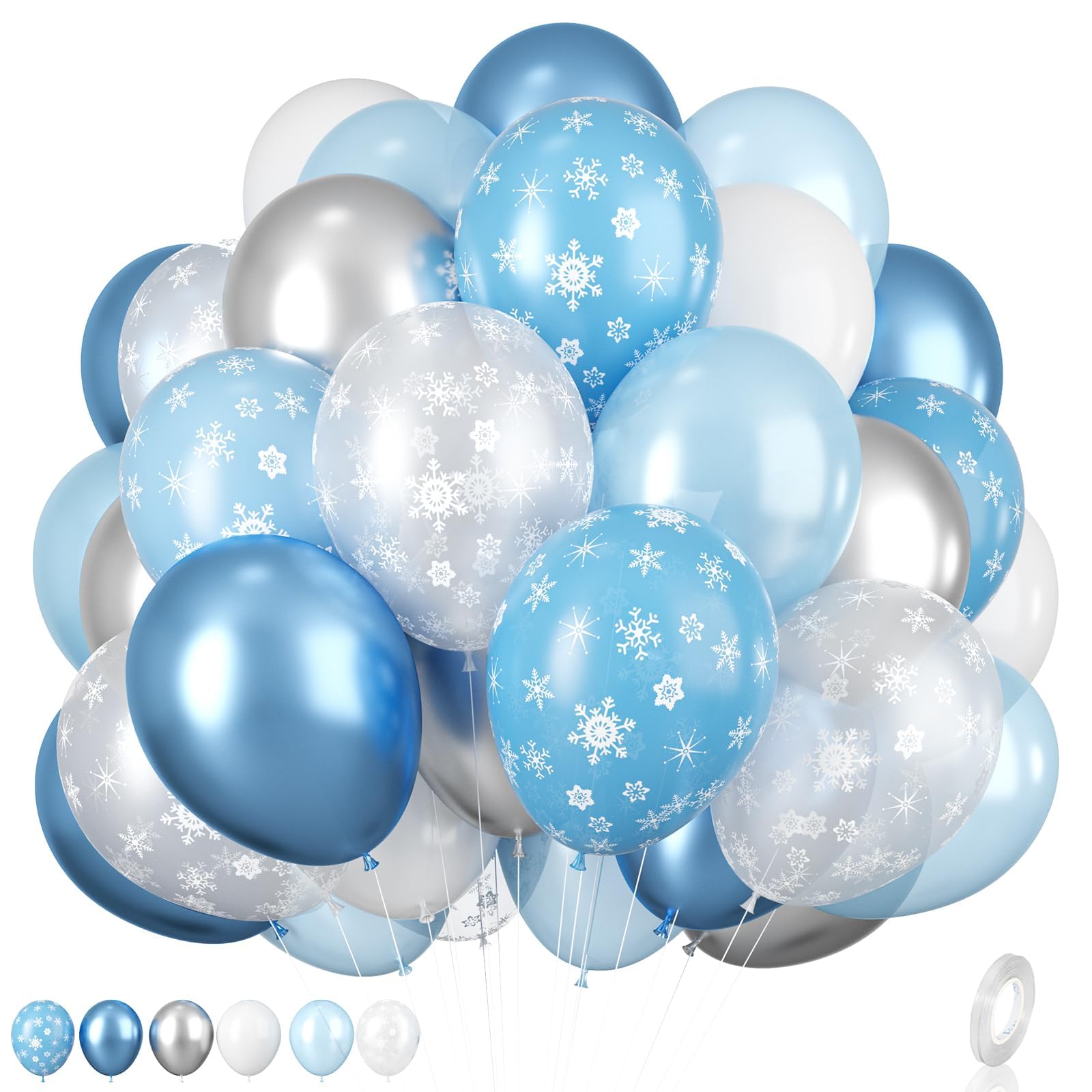 Snowflake Balloon, 12 Inch Ice Snow Blue White Balloons Pearl blue Metallic Blue Silver for Winter Wonderland Theme Snow Party Baby Shower Party