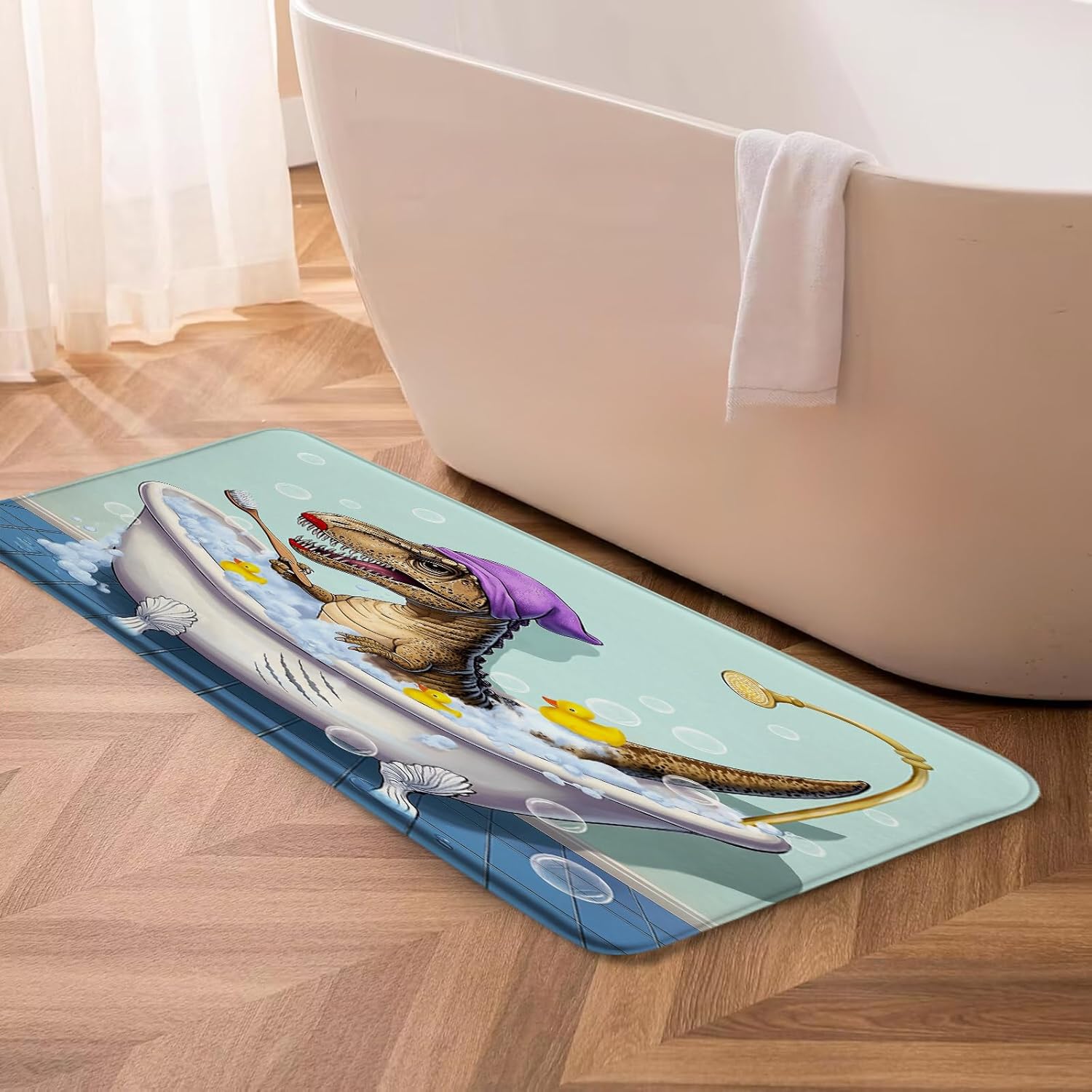 Funny Dinosaur Bath Mat Cute Cartoon Animal Bathing Dino Wild Animal Creative Modern 24"x70" Print Microfiber Memory Foam Bathroom Decor Mat/Rug