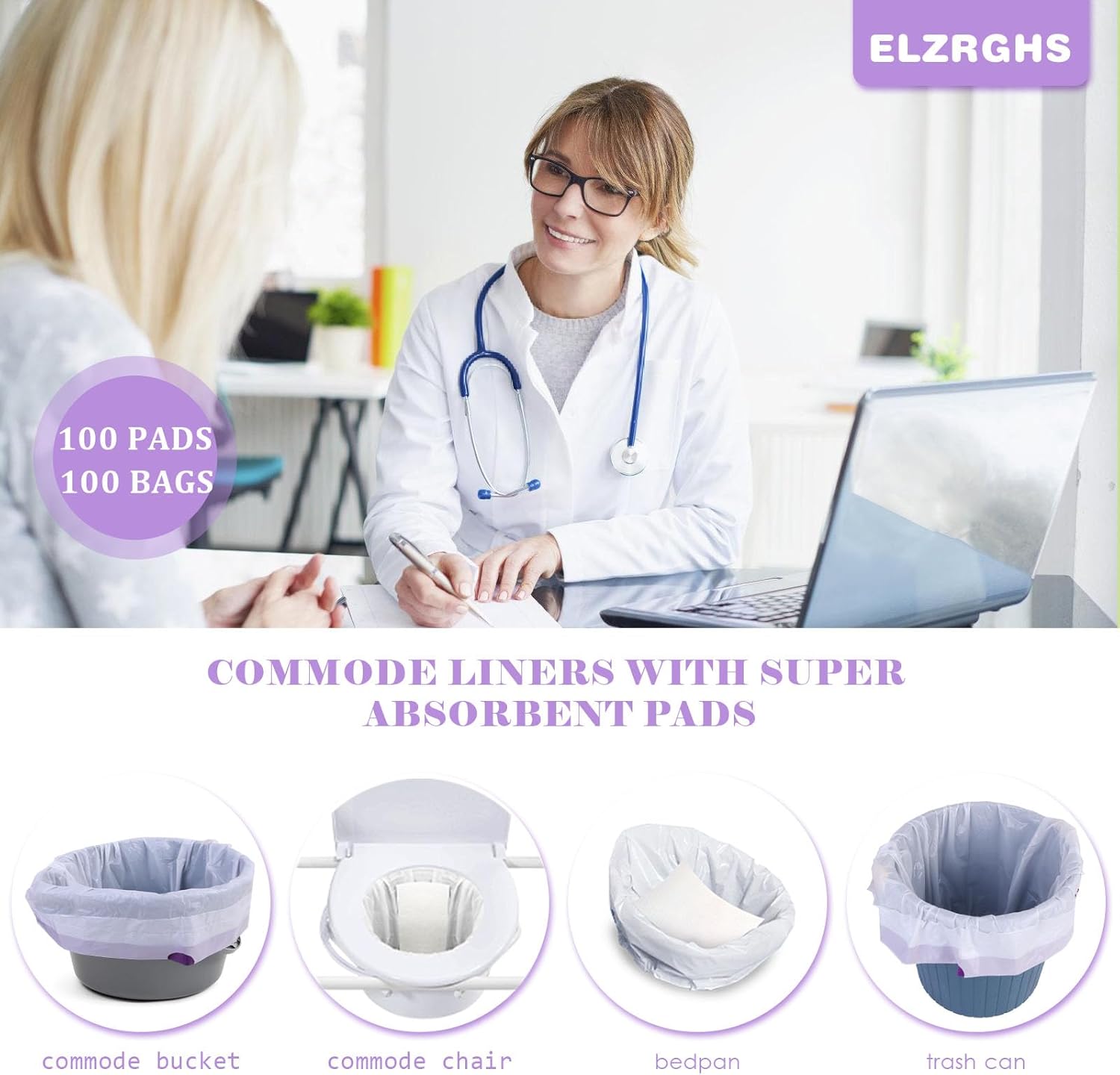 Elzrghs Commode Liners with Absorbent Pads for Bedside Commode, Commode Toilet,100 Lavender Scented Commode Bags Disposable and 100 Commode Pads