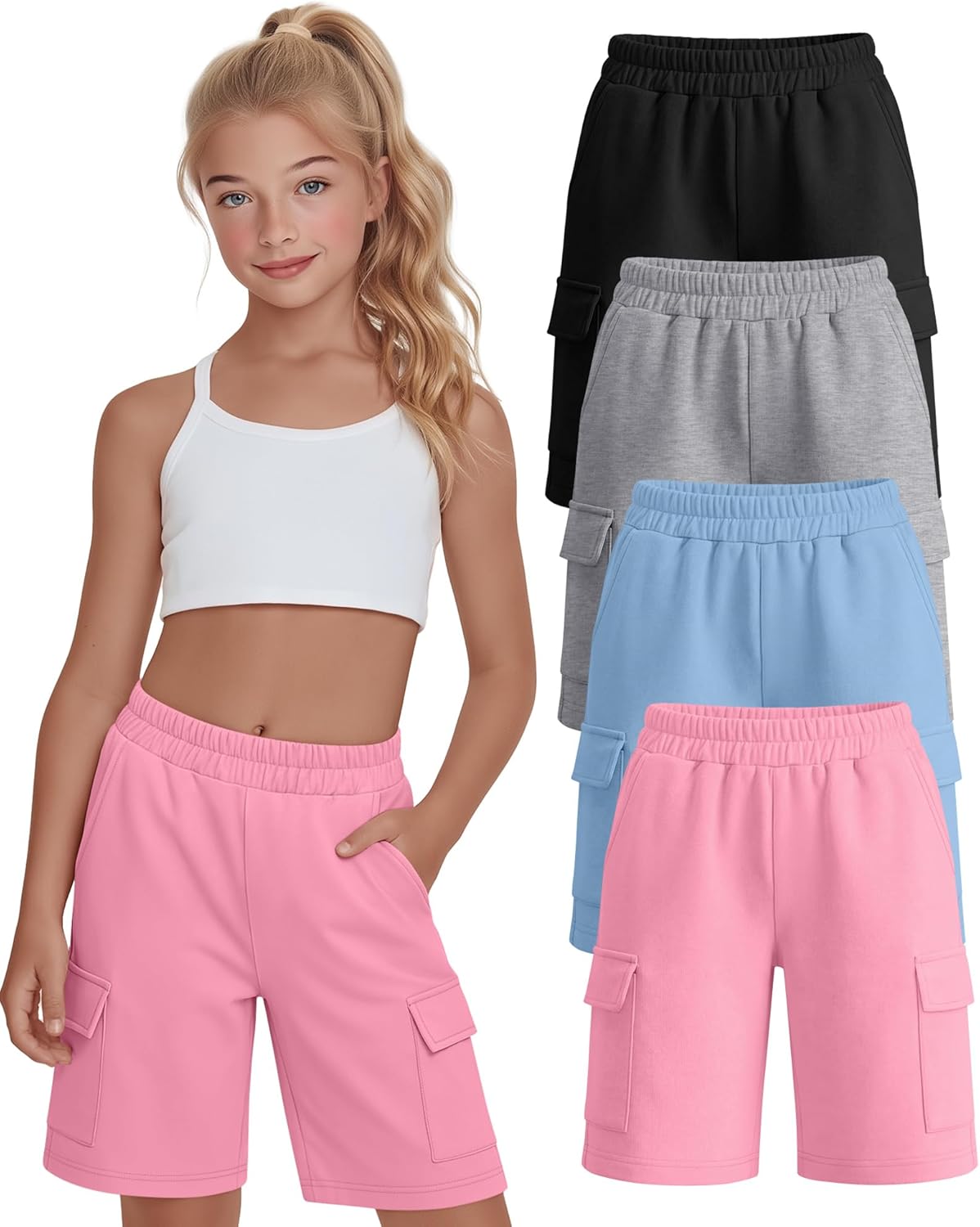 4 Pack Girls Cargo Bermuda Shorts Kids Summer Straight Leg Knee Length Shorts Teen Casual SweatShorts with Pocket