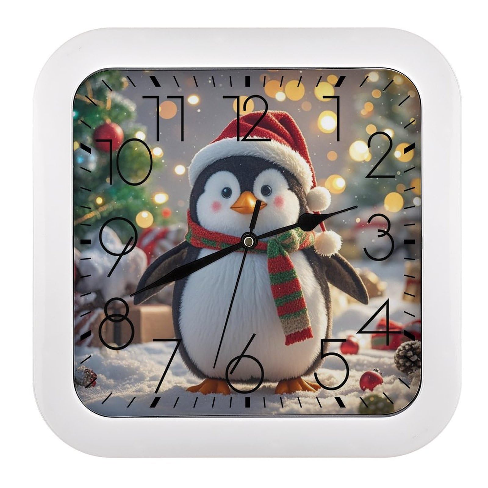 FekiLoot Square Christmas Funny Penguin Wall Clock Decorative Battery Operated Analog Clocks Silent Non-Ticking Frame Wall Clocks Perfect Kitchen Or Office Clock 10 Inch