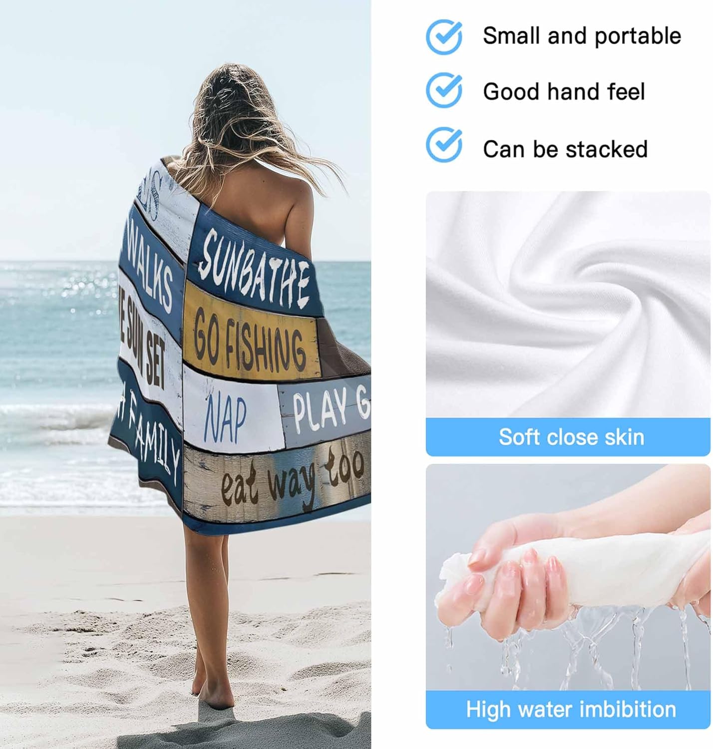 Beach Towel Wood Charaters Lake Rules Bath Pool Towels Text Blue Plank Soft Absorbent Beach Towels Large Quick Dry Lightweight Camping Travel Yoga Gym Swim Towels for Adult Kids 35x70 Inch