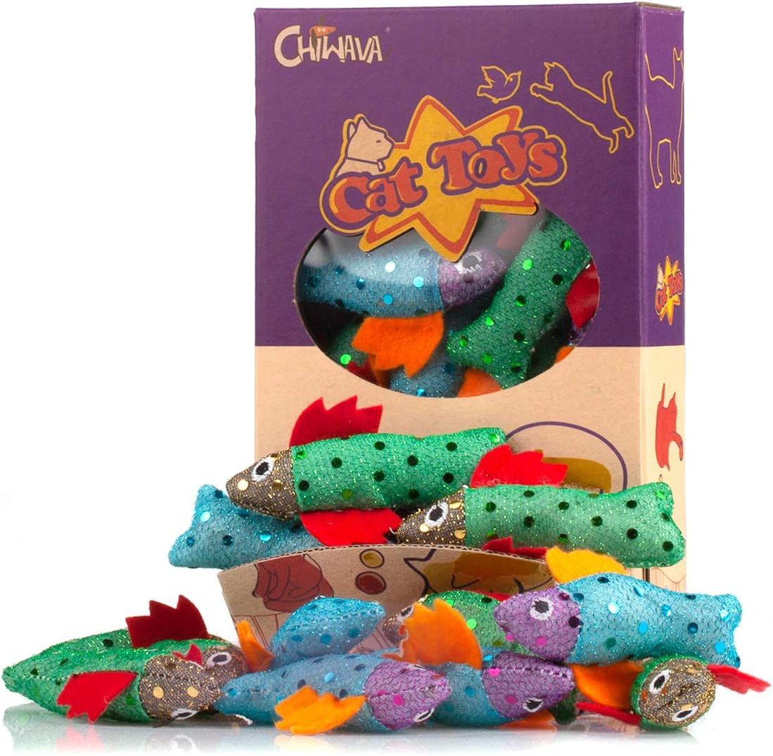 Chiwava 12PCS 3.5" Soft Catnip Cat Toys Fish Stuffed Cotton Shiny Toy Kitten Interactive Play Assorted Color
