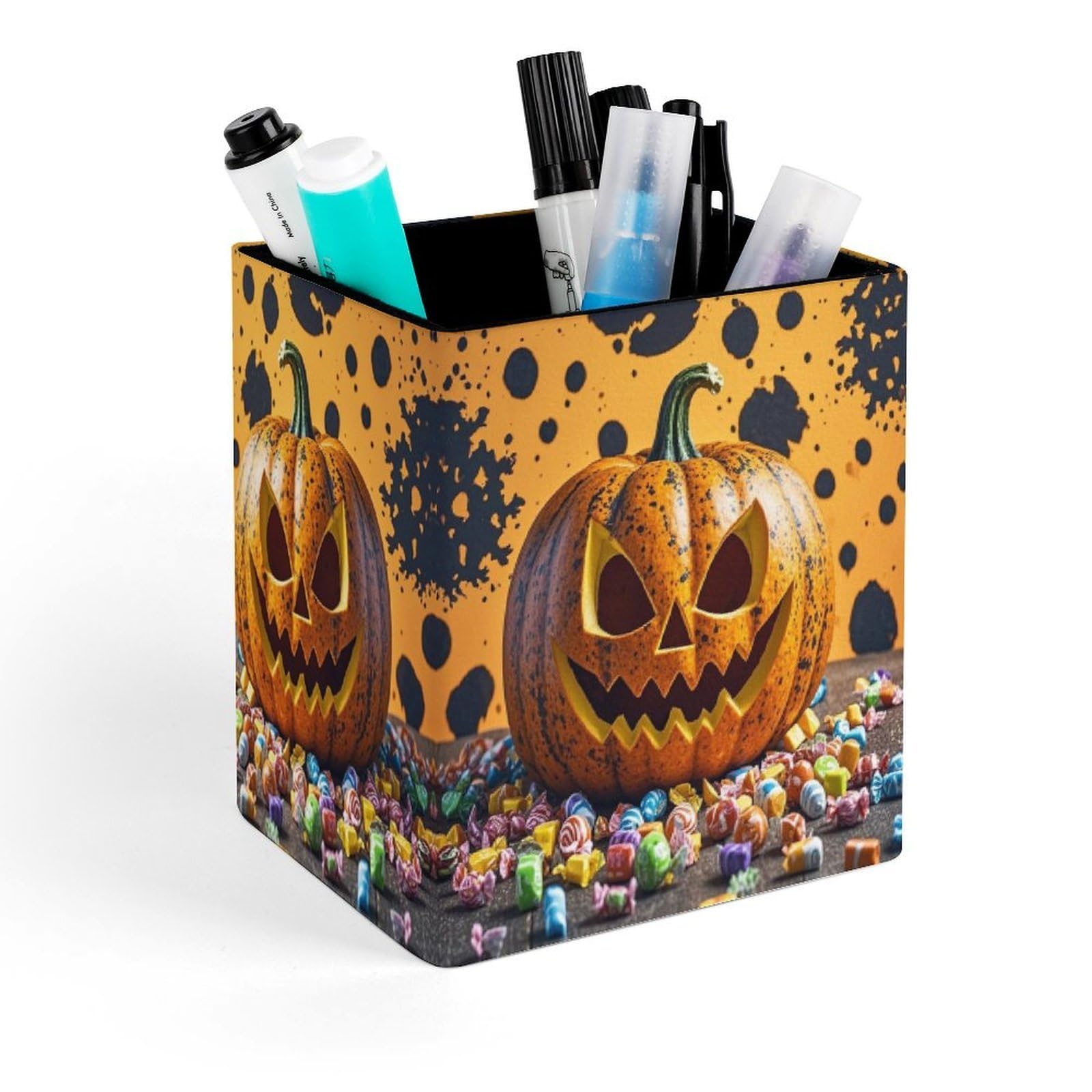 FekiLoot Pumpkins And Candies Pencil Holder for Desk Square Leather Pen Holder Cup Desktop Organizer Multi-Functional Pencil Cup Holders Modern Decorative Desk Organizer Caddy Makeup Brush Holders