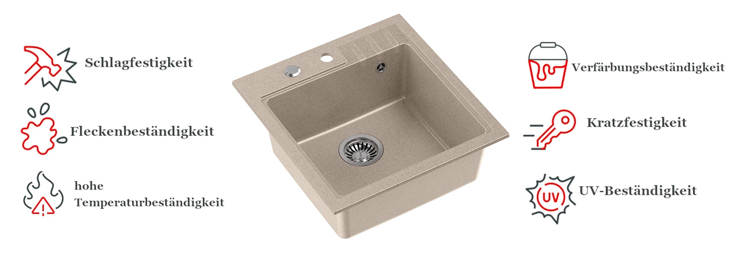 VBChome Spoelbak beige 43 x 50 cm graniet met spoelbakarmatuur enkele wastafel inbouwspoelbak gespikkeld omkeerbaar composiet spoelbak sifon