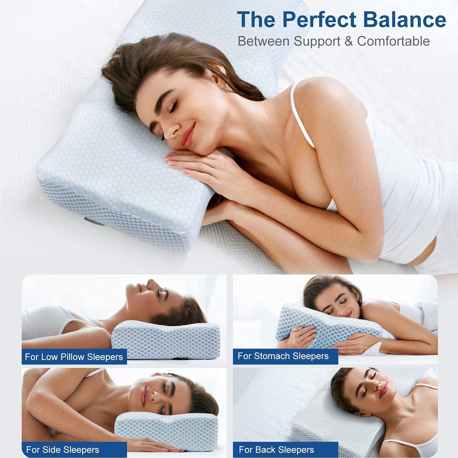 Adkwse Memory Foam Pillow, Orthopedic Contour Sleeping Pillows, Cervical Pillow for Neck Pain - Neck Support Bed Pillow for Side , Back and Stomach Sleepers, Washable Ice Silk Cover (Blue+Ice Silk) : Home & Kitchen