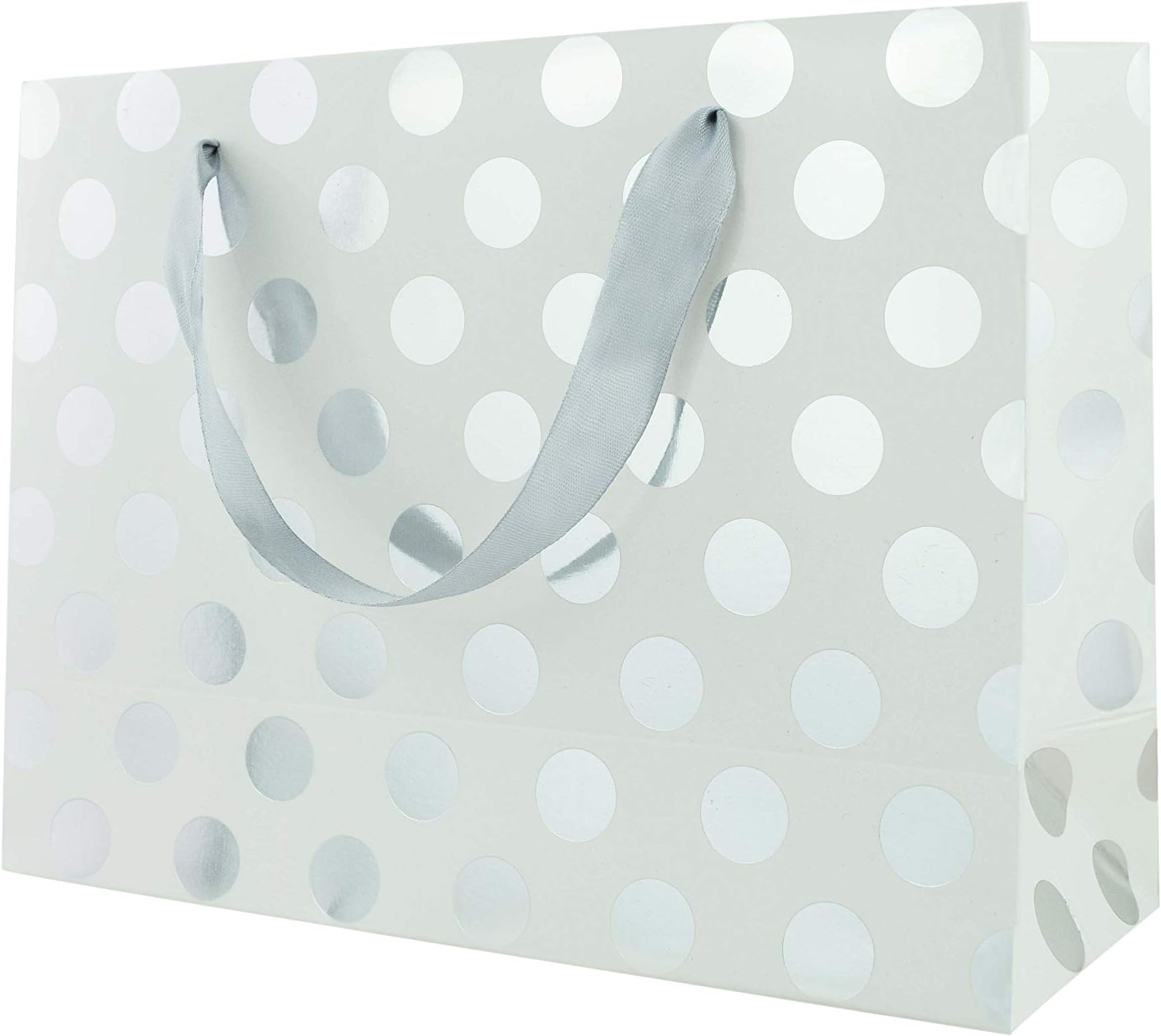 FOONEA 12 Pack Silver Polka Dots Bags with Handle for Bridesmaid, Wedding, Christmas, Holiday, Birthday, Party Favor and Graduation Presents, Silver Gift Wrap Bags