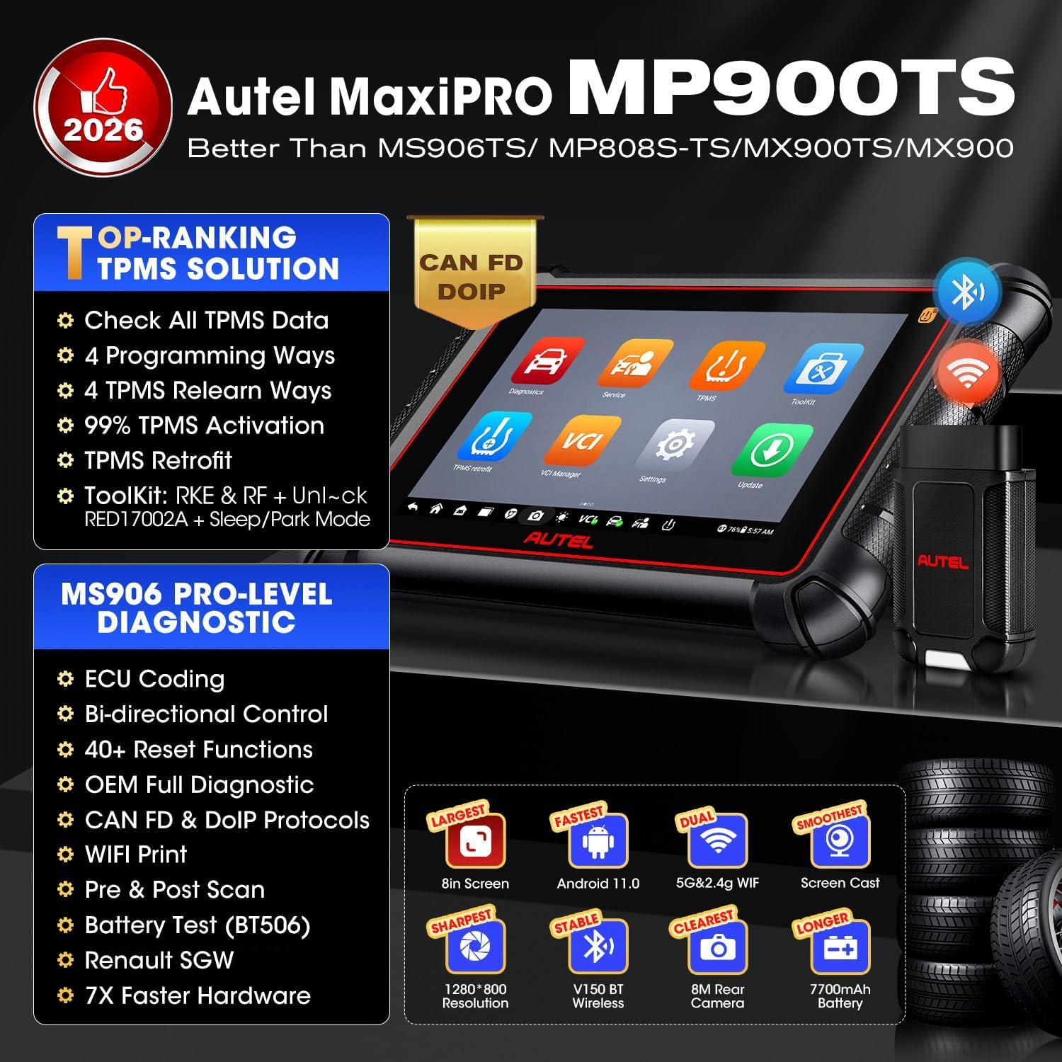 Autel MaxiPRO MP900-TS Valise Diagnostic Auto, 2026 sur MaxiSYS MS906TS MP900-BT MK900-TS, Outil TPMS Voiture comme MS906 Pro-TS, Codage ECU, Bidirectionnel, 40+ Service, Tous Systèmes, Can FD&DO IP