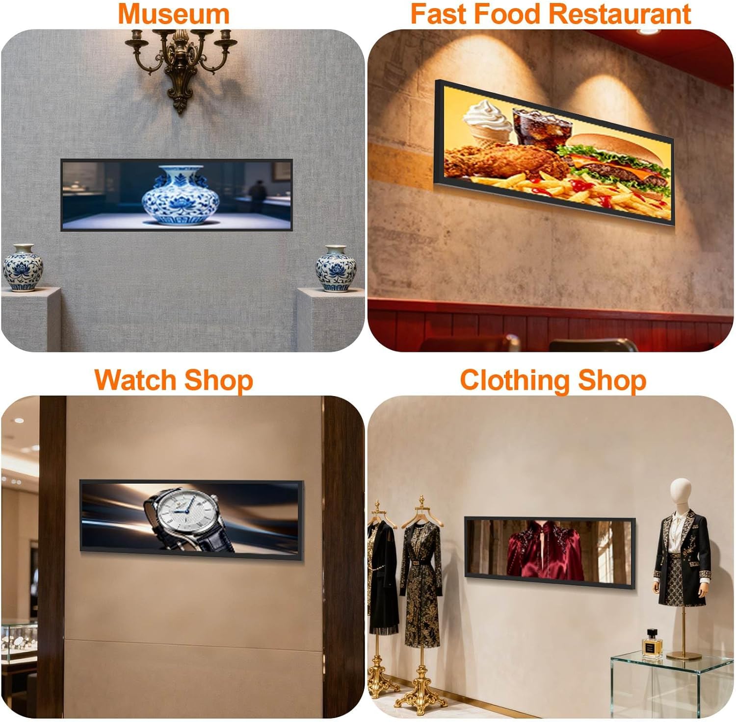 29 Inch Rectangle Digital Signage, 700nits High Brightness LCD Monitor Advertising Display,Indoor Digtal Signage, CMS/U-Disk Plug&Play, Smart Split Screen, 24/7 Operation, HDMI/USB/WiFi/Android System