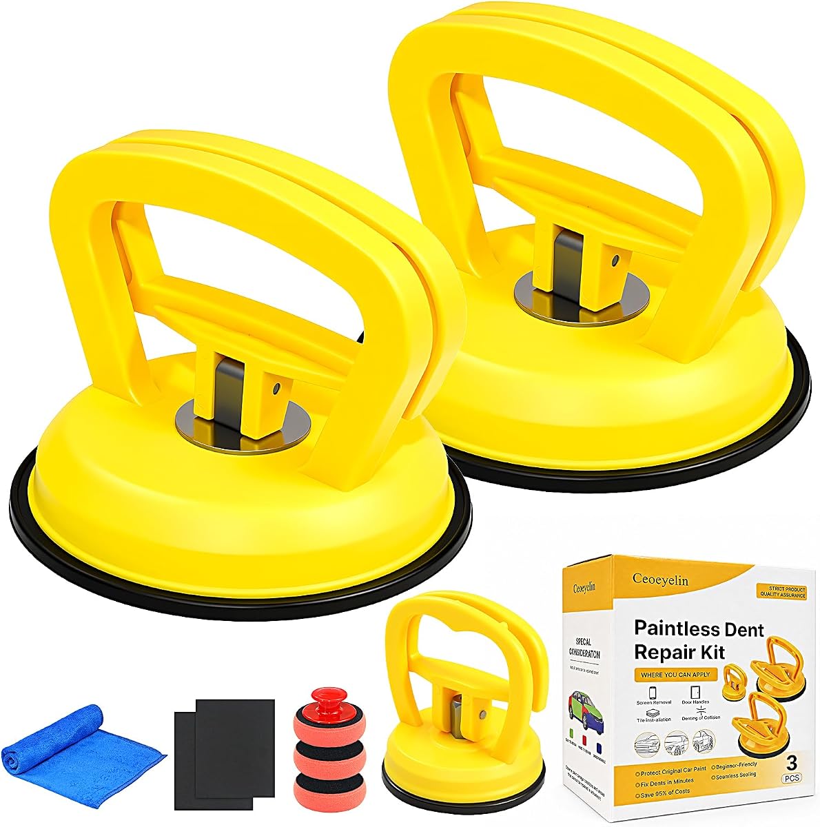 9 Pack Powerful Car Dent Puller Kit, Multi-Function Suction Cup Dent Remover Tool for Auto Body, Screen, Tiles Lifting & Objects Moving (Yellow)