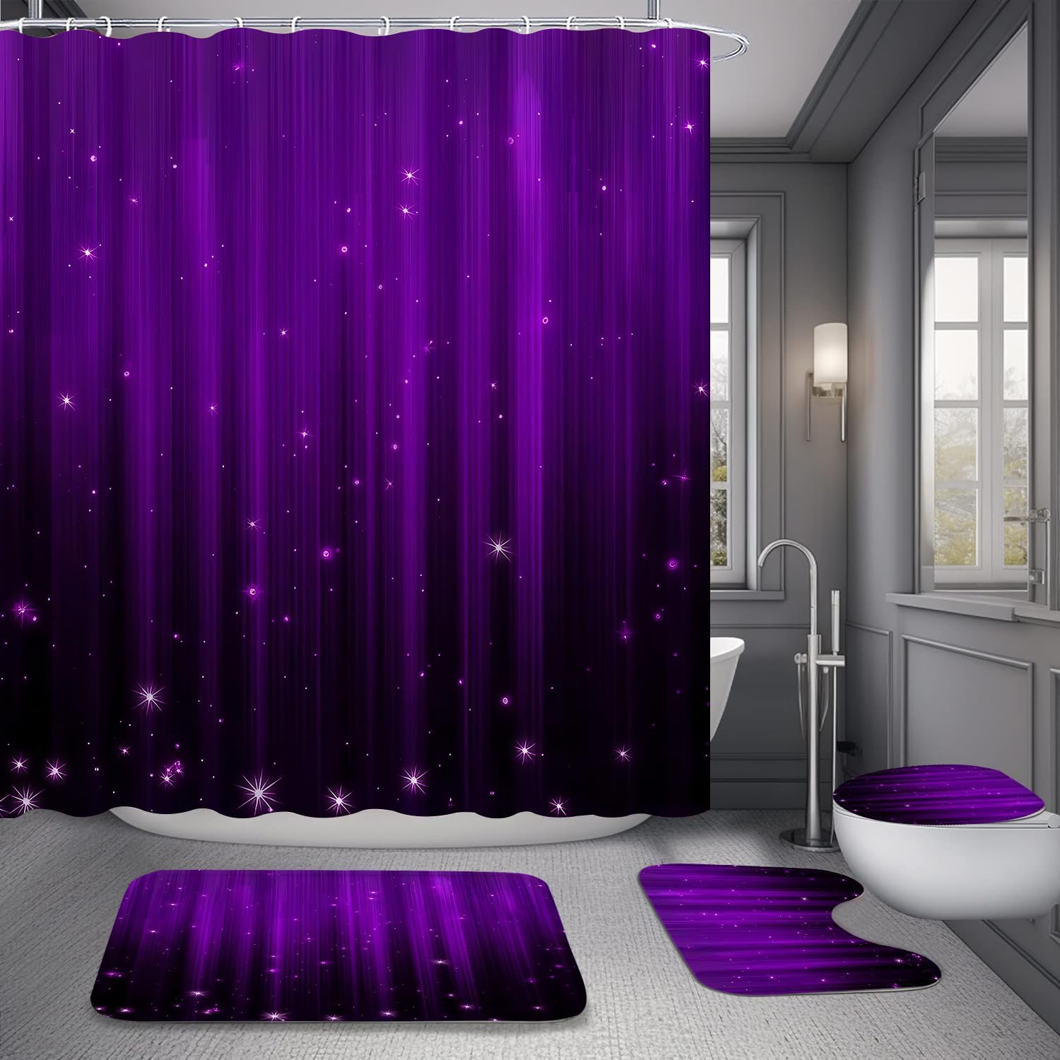 Yddsky 4 Pcs Purple and Black Shower Curtain Sets Non-Slip Rugs Bath Mat Toilet Cover, U-Shaped Mat, Gradient Shower Curtain with 12 Hooks, Black and Purple Bathroom Set