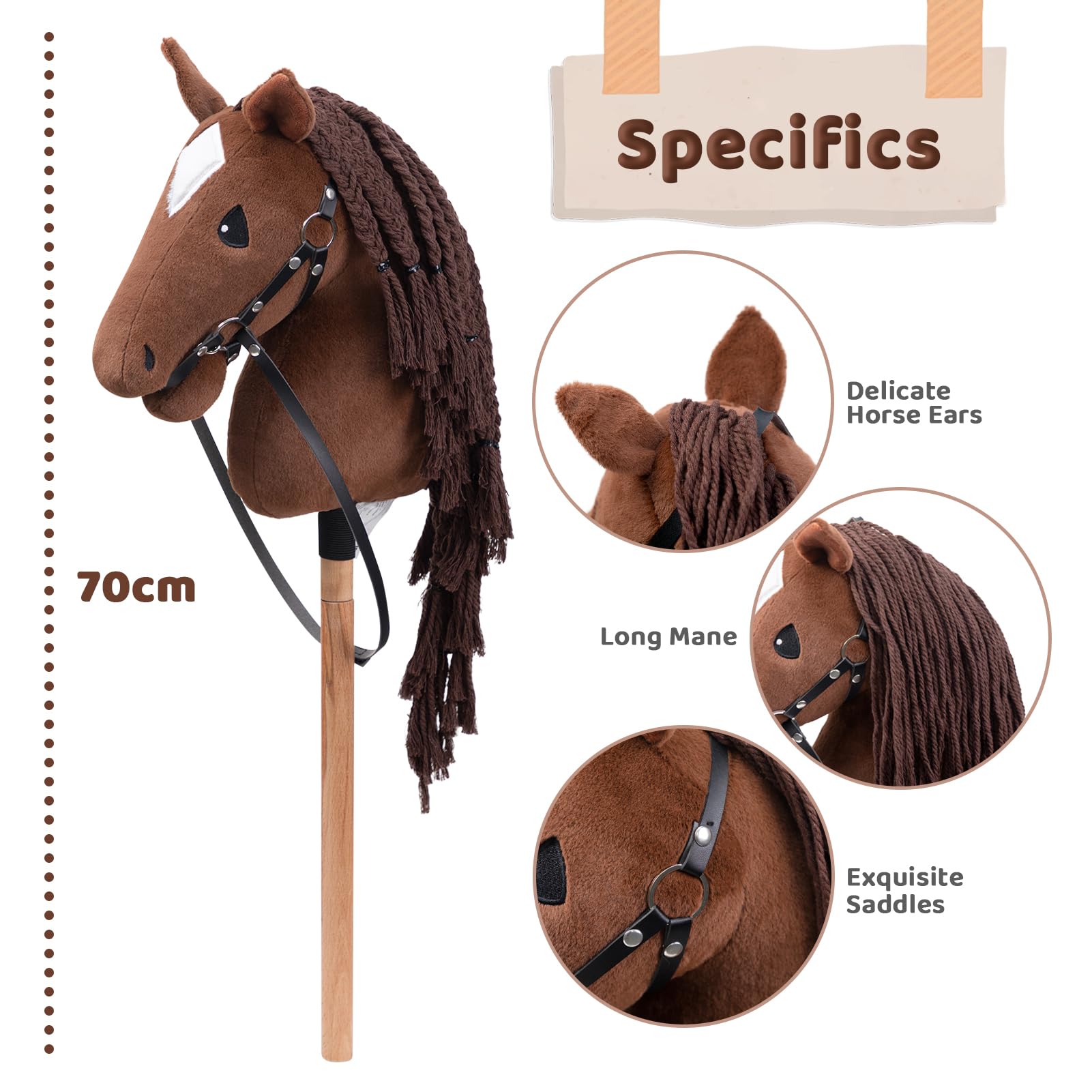 BEJOY Steckenpferd Spielzeug Pferd, Hobby Horse Holzpferd Plüschpferd zum Reiten für Kinder mit Halfter und Trense, Dunkelbraun