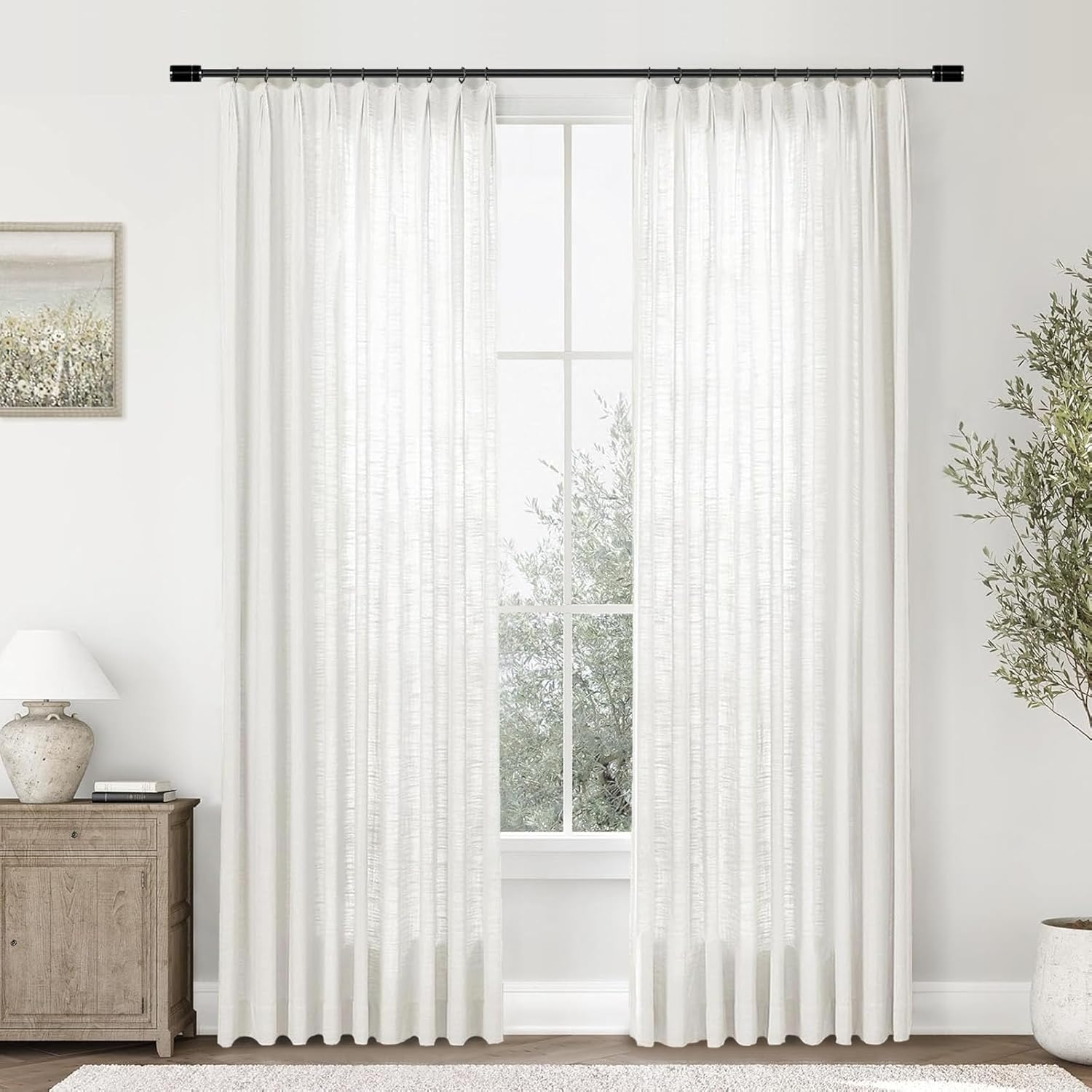 Pinch Pleat Curtain, 88 inches Light Filtering Linen Curtain Drape Panel for Living Room and Silding Door (1 Panel, Beige White)