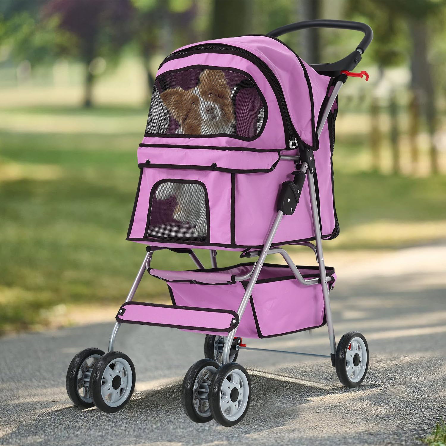 4 Wheels Dog Stroller, Foldable Pet Stroller for Small Medium Dogs, Portable Breathable Cat Stroller Dog Strollers with Storage Basket, Cup Holders, Removable Liner for Travel & Outdoor Use, Pink
