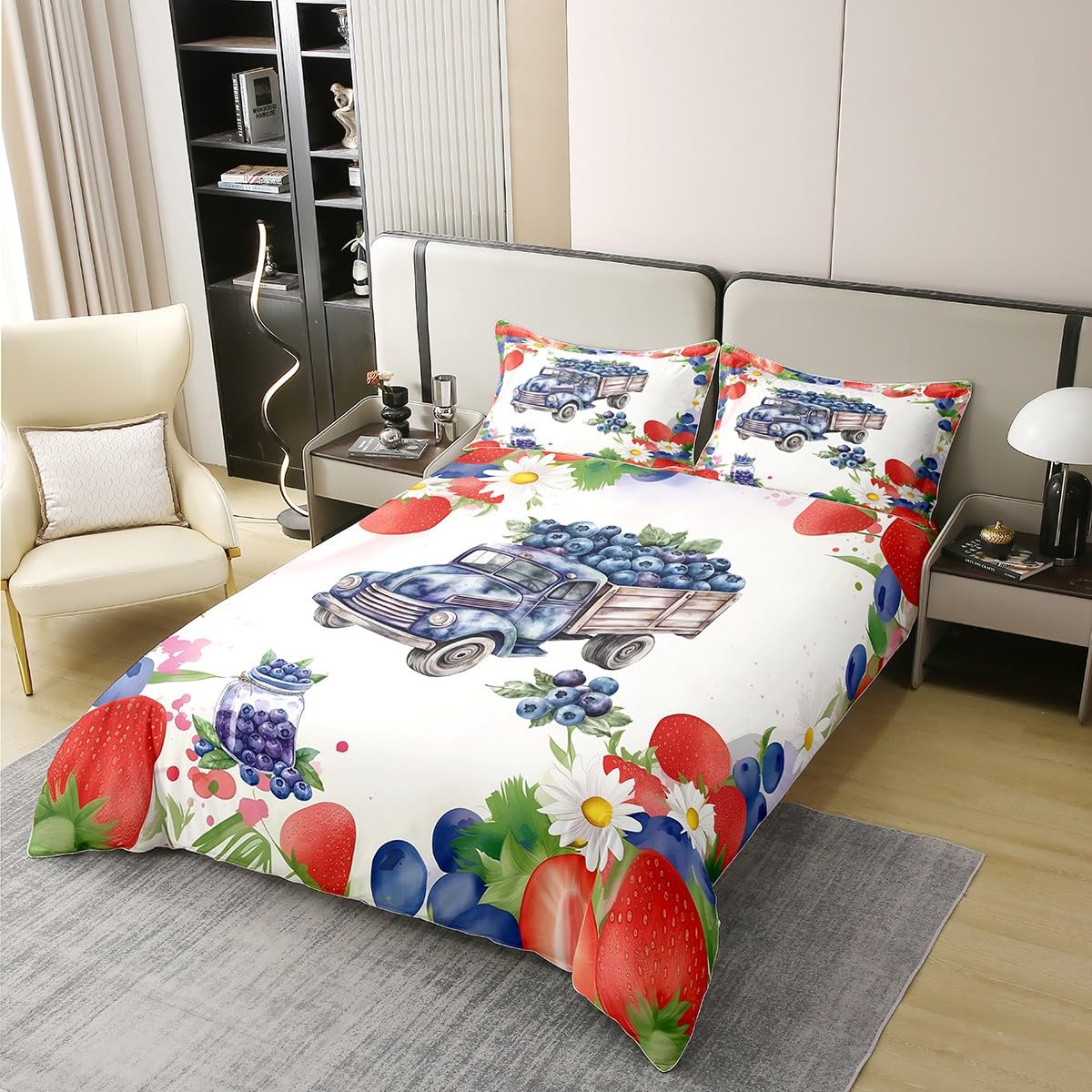 Cotton Kids Fruits Duvet Cover Queen for Kids Girls,Watercolor Strawberry Blueberry 3 Pieces Duvet Cover,Cartoon Blueberry Truck Comforter Cover (Not Comforter),Rustic Leaves Flowers Quilt Cover