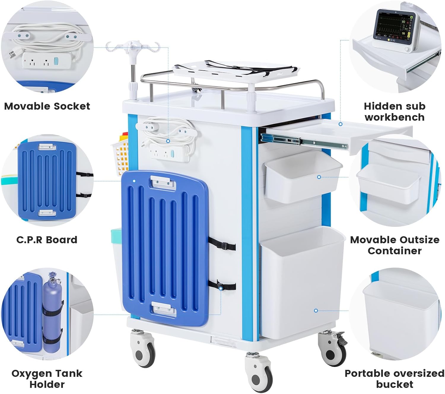 5-Tier Medical Cart, Hospital Emergency Rolling Crash Carts with Adjustable IV Pole, Silent Casters, Trash Bin & O2 Holder, Needle Disposal Holder - Ideal Nursing Trolley for Clinics, Hospitals
