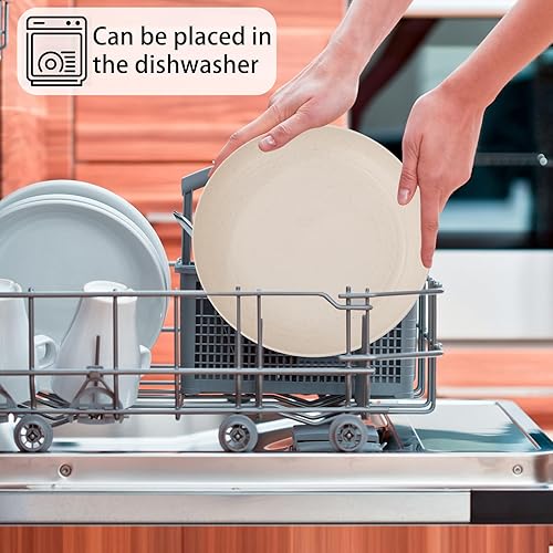 Miniatura 5 de LIYH - Juego de vajilla de paja de trigo de 32 piezas para 8, platos y cuencos rosados, platos de plástico beige reutilizables, aptos para