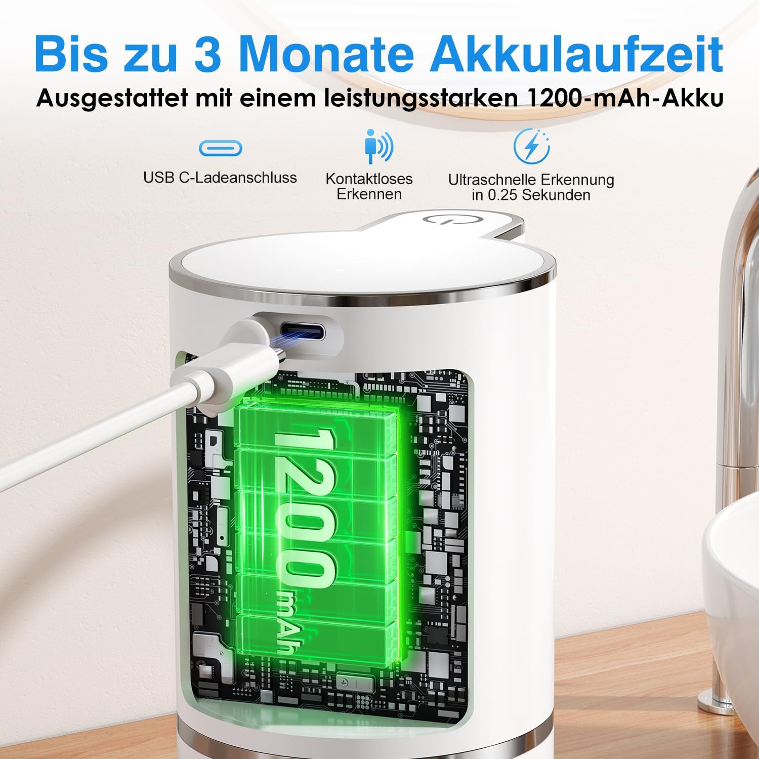 Automatic Soap Dispenser for Foam, Non-Contact with Sensor, 380 ml Wall Mounting, USB Rechargeable, IPX5, 4-Level Adjustable Electric Soap Dispenser for Bathroom and Kitchen, White – Bild 5