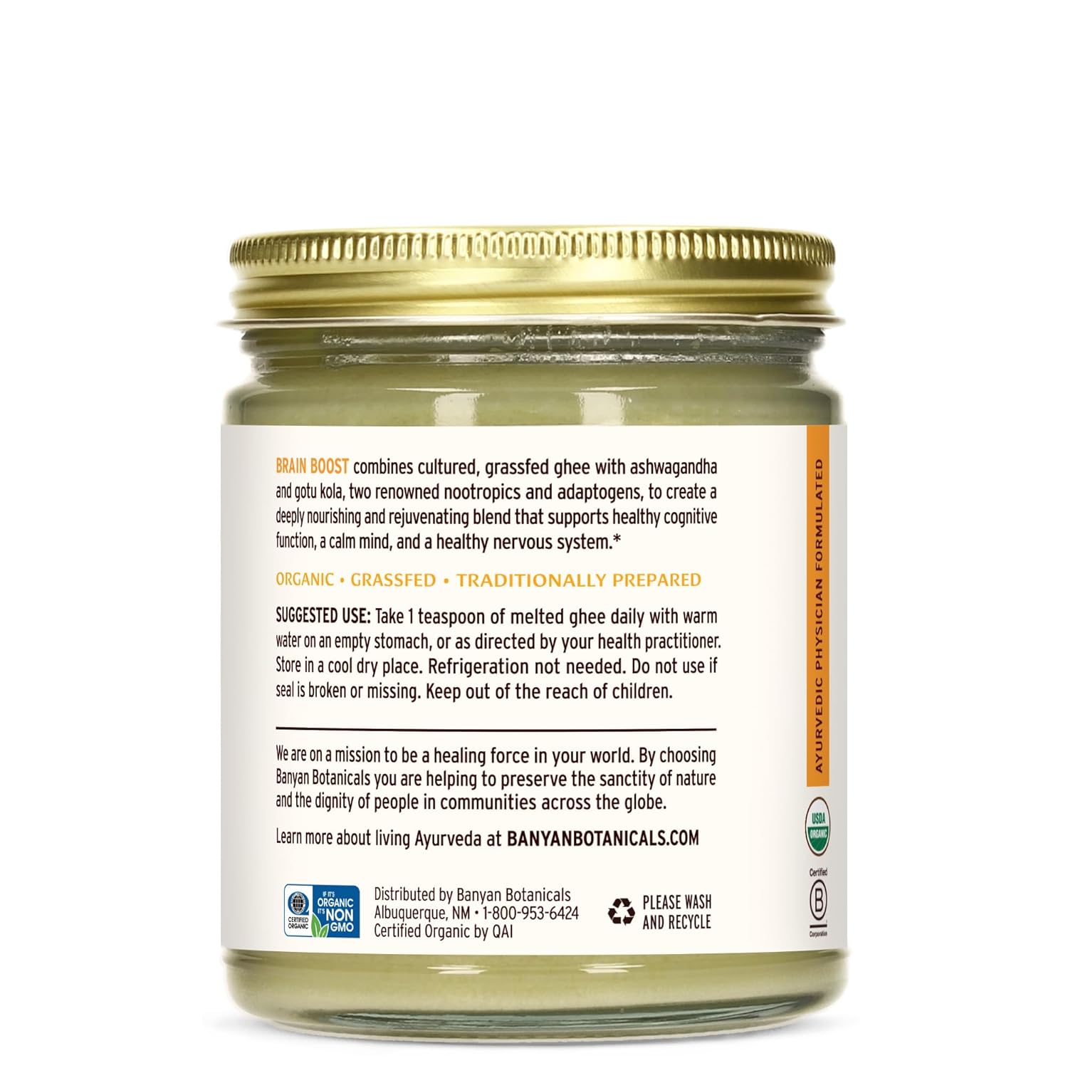 Banyan Botanicals Brain Boost - Organic Herbal Ghee to Support Brain Health* – Ayurvedic Nerve Support Supplement with Ashwagandha & Gotu Kola* – 7.5 oz. – Non-GMO Sustainably Sourced Grass-Fed