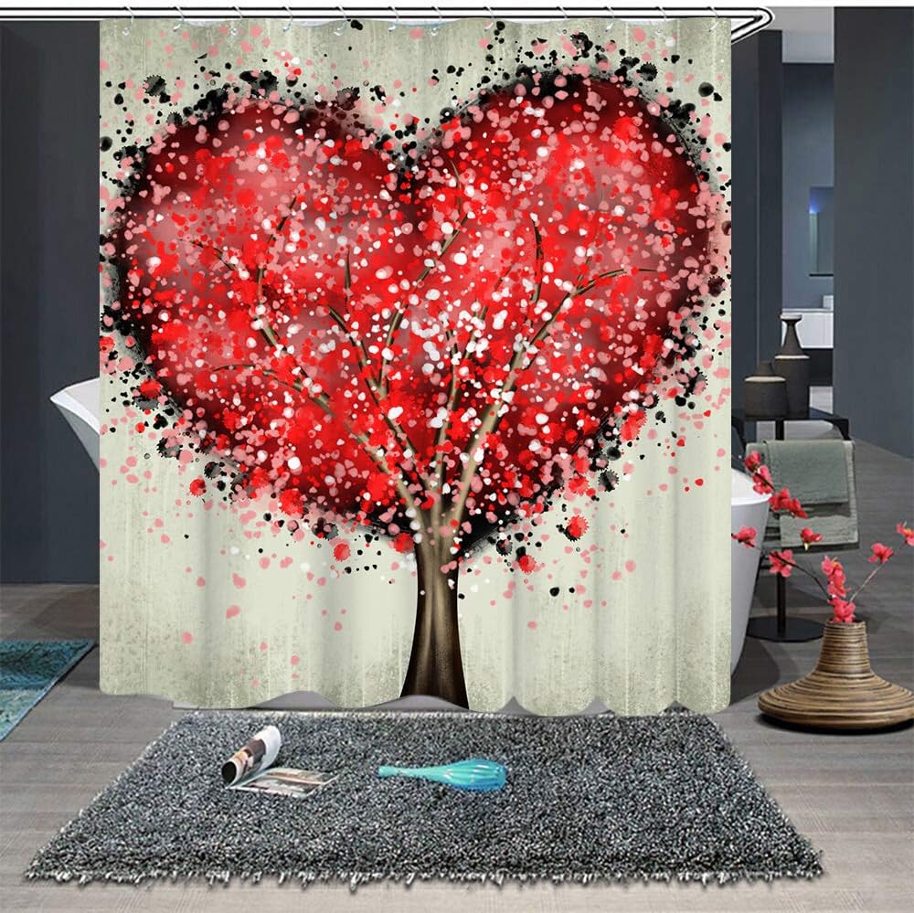 Tree of Life Shower Curtain Fabric Red Heart Shaped Bathtub Curtain Abstract Landscape Bathroom Curtain 12 Hooks 72"x72"