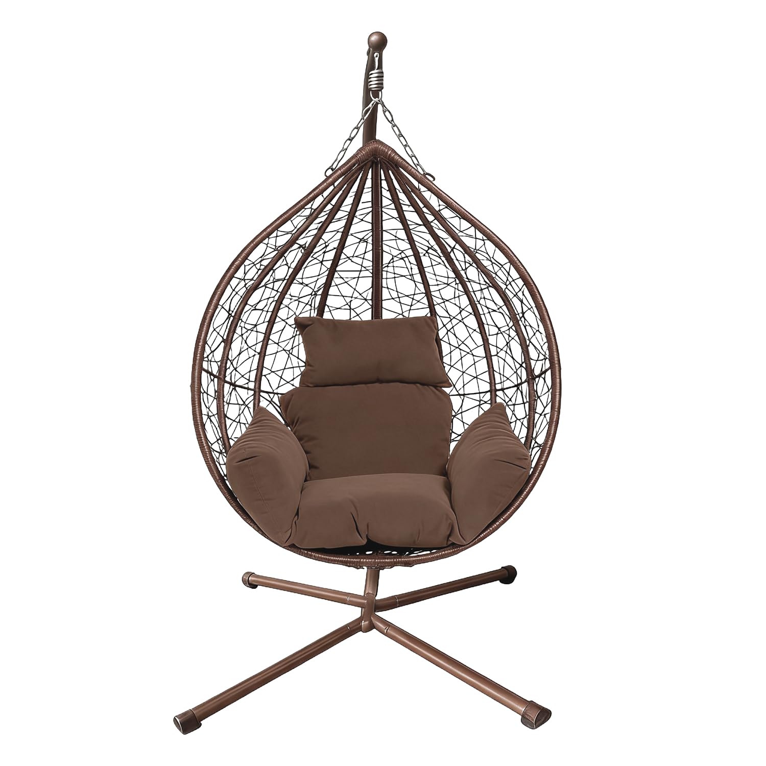 Rattan Swing Egg Chair Garden Swing Chair with Cushion | Indoor Outdoor Hanging Chair with Stand | Hammock Egg Chairs for Garden Bedroom Balcony (Brown Egg Chair & Brown Cushion-four Cornered) — image 1