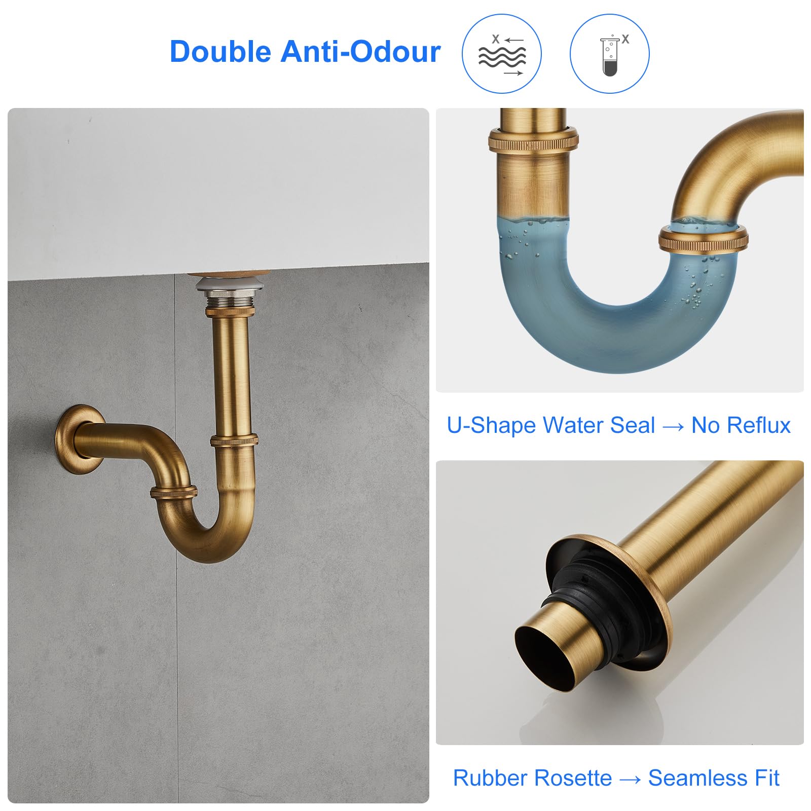 sifone a P in acciaio inossidabile 1 1/4" x 32mm universale per lavandino e lavabo del bagno, altezza regolabile, blocca i cattivi odori, finitura ottone antico spazzolato