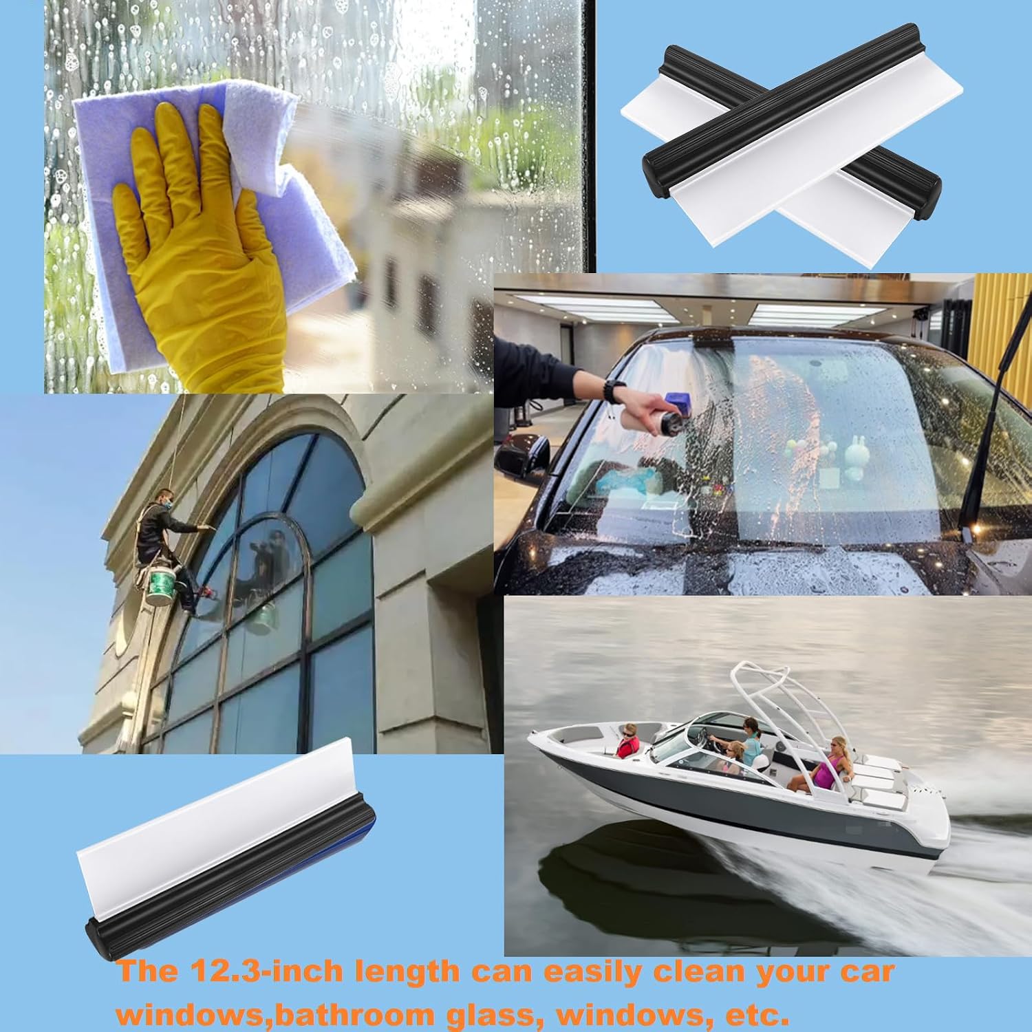 2pack 12inch Car Drying Squeegee Water Blade Universal Quick Drying Squeegee Wiper Flexible T-Bar Water Blade Silicone Squeegee for Car,Glass,Windshield,Bathroom Black Handle