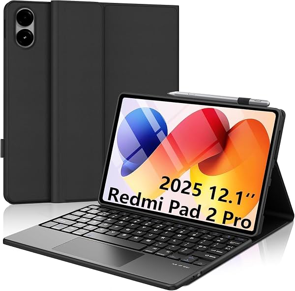Funda con teclado para Xiaomi Redmi Pad 2 Pro 12.1", Poco Pad 12.1 inch/Pad Pro | Trackpad multitáctil, teclado magnético inalámbrico desmontable para tablet, con soporte para lápiz, activación/desactivación automática, recargable, negro